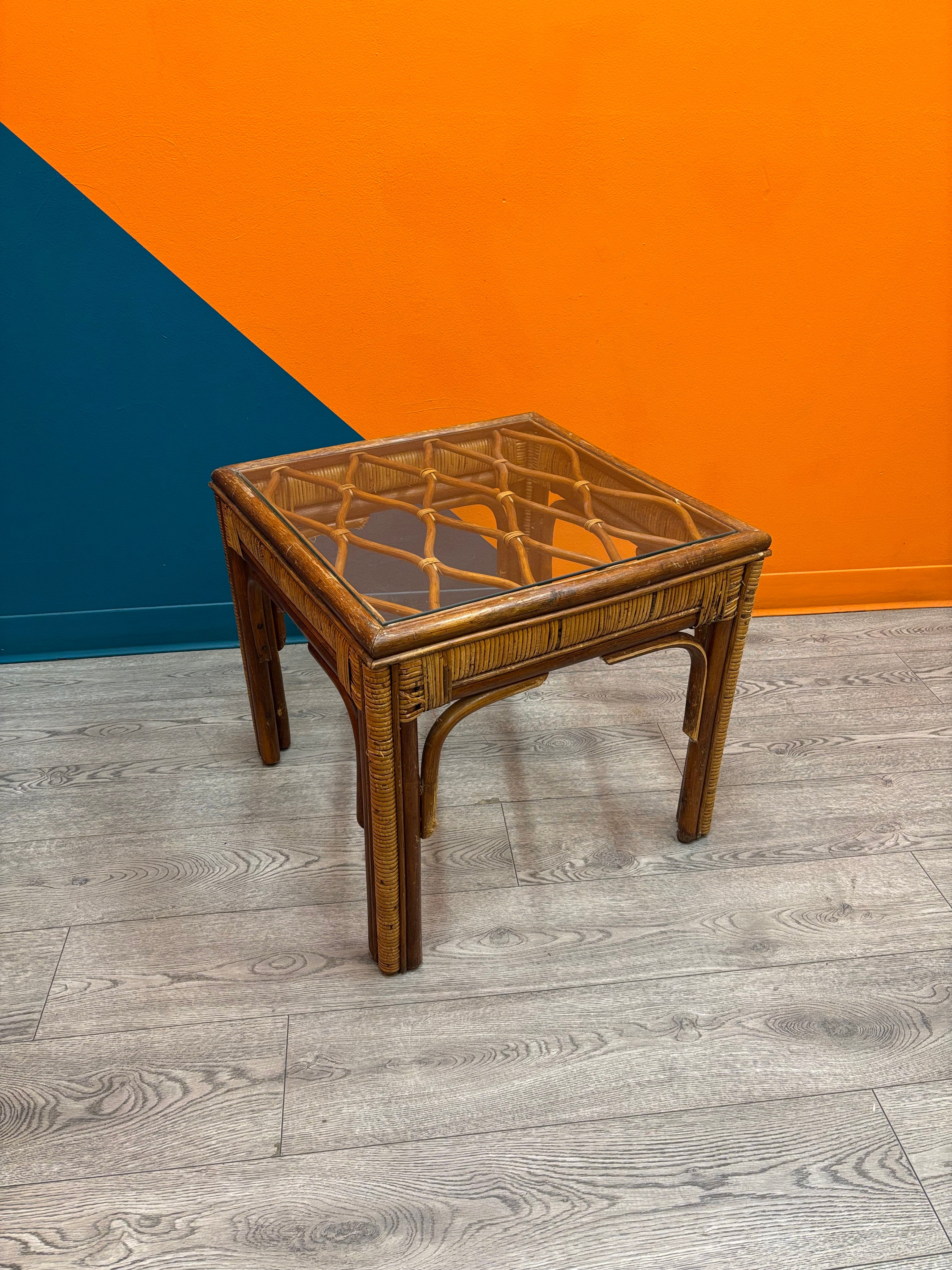Rattan & Glass Side Table