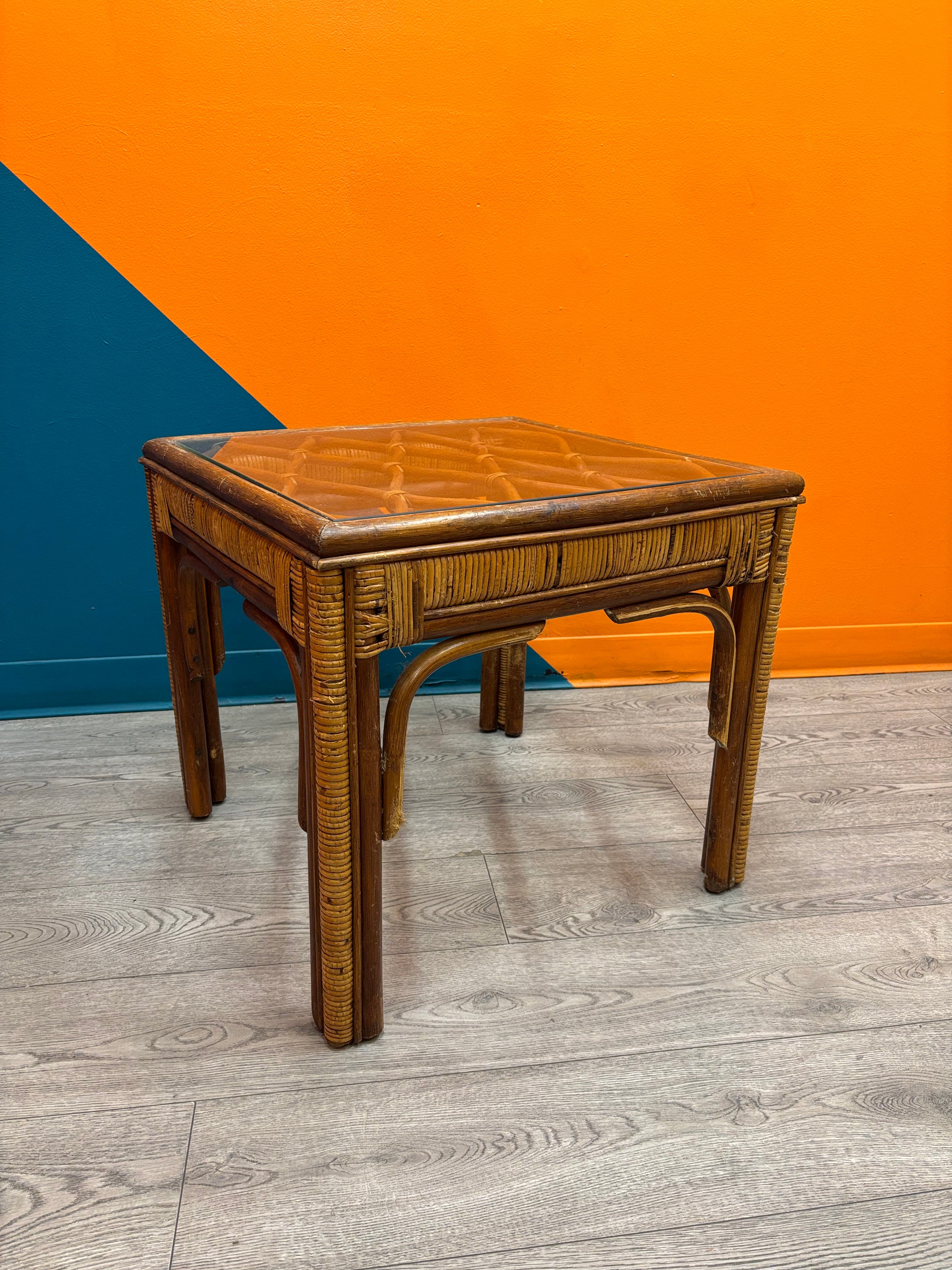 Rattan & Glass Side Table
