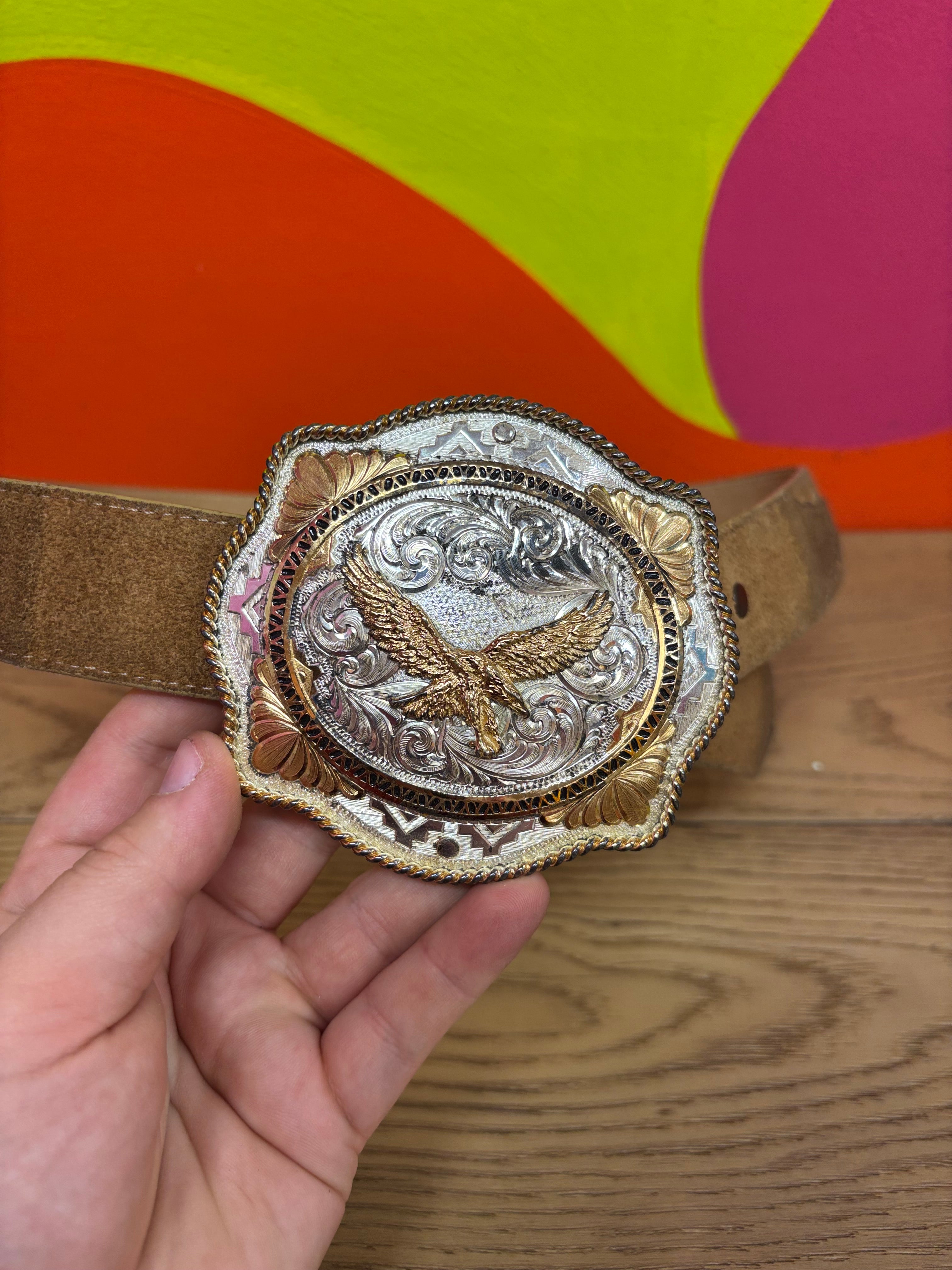 Tony Lama Brown Belt with Eagle Belt Buckle - Men's 34