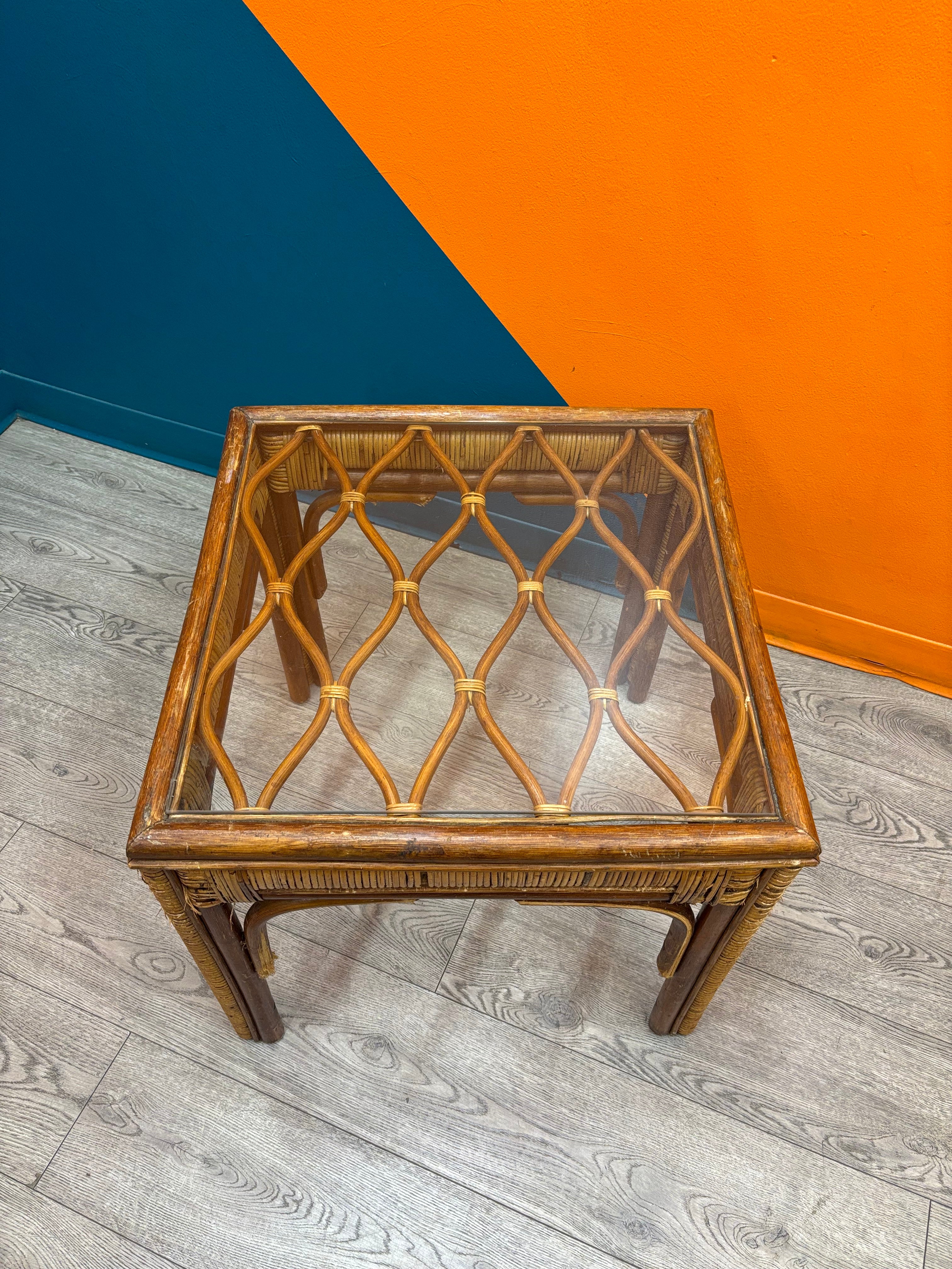 Rattan & Glass Side Table