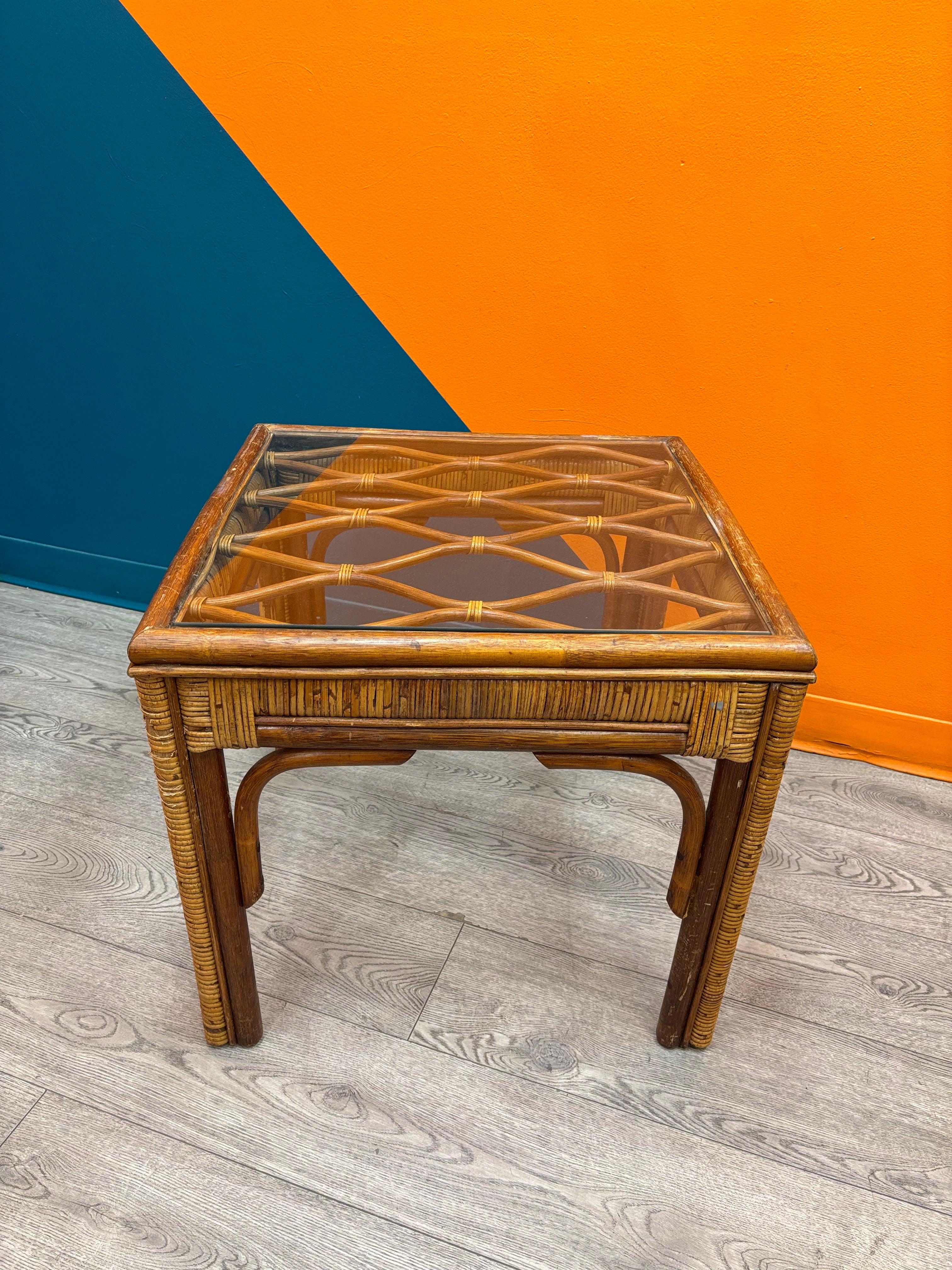 Rattan & Glass Side Table