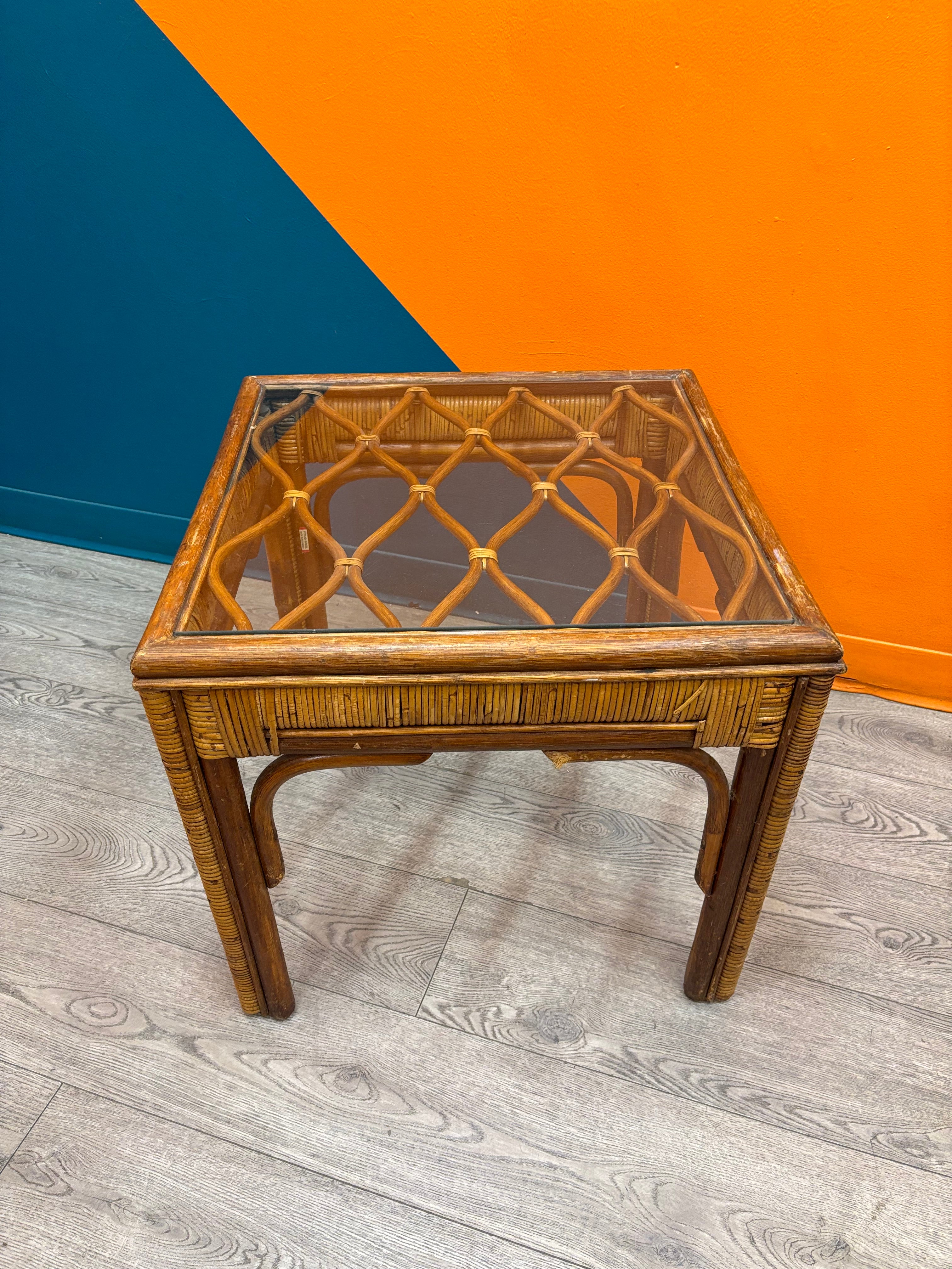 Rattan & Glass Side Table