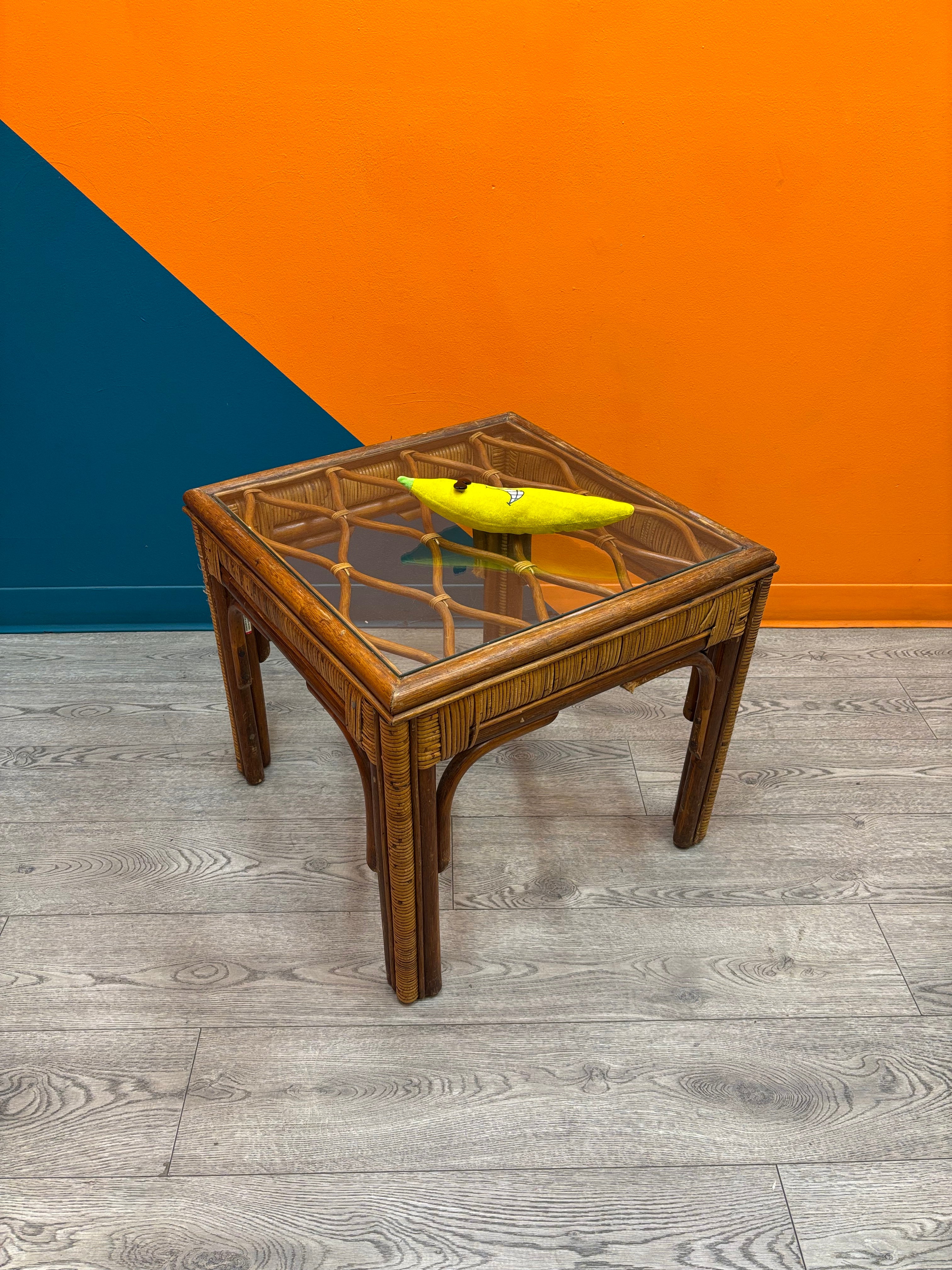 Rattan & Glass Side Table