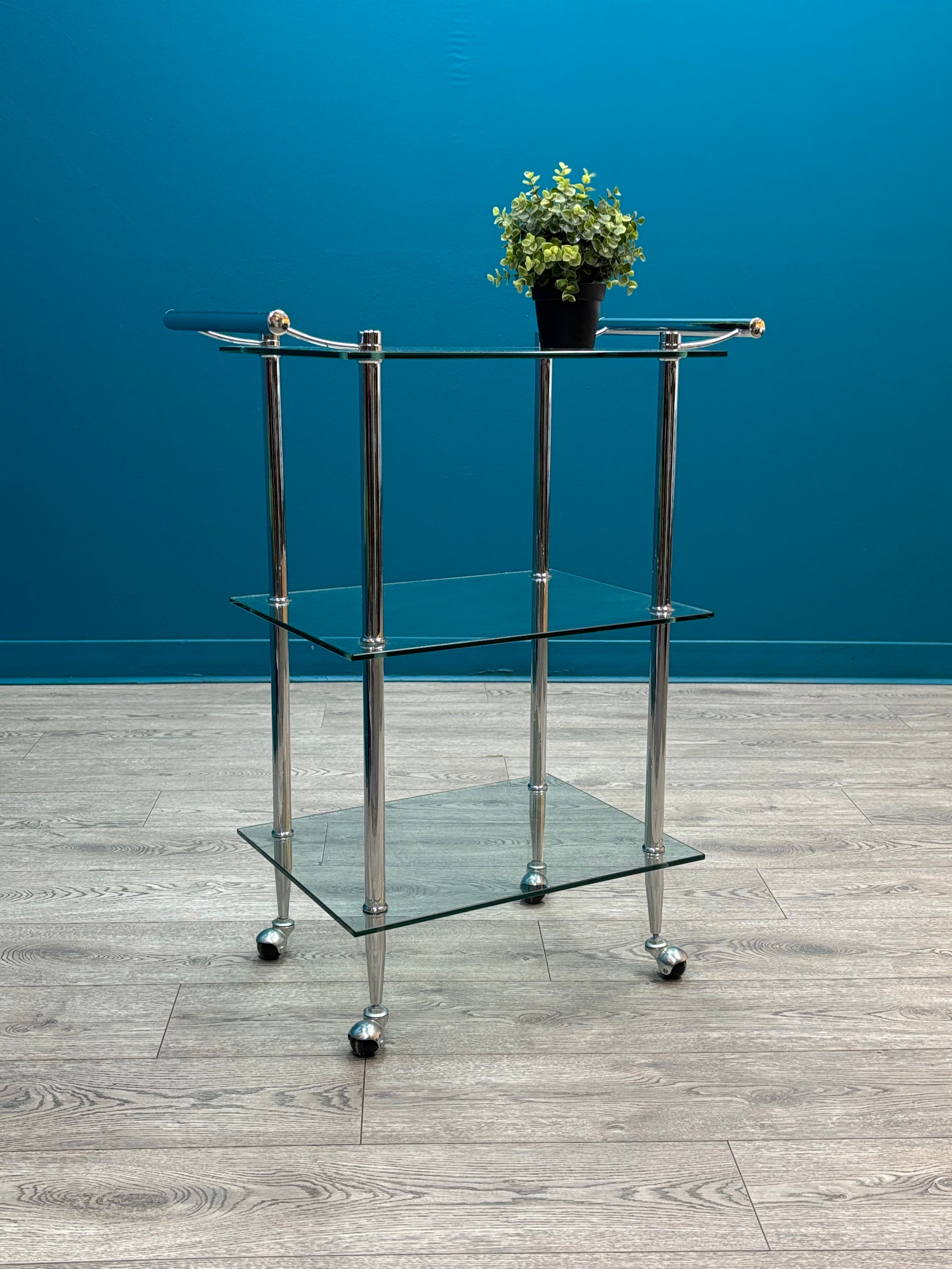3 Tier Chrome & Glass Bar Cart on Wheels