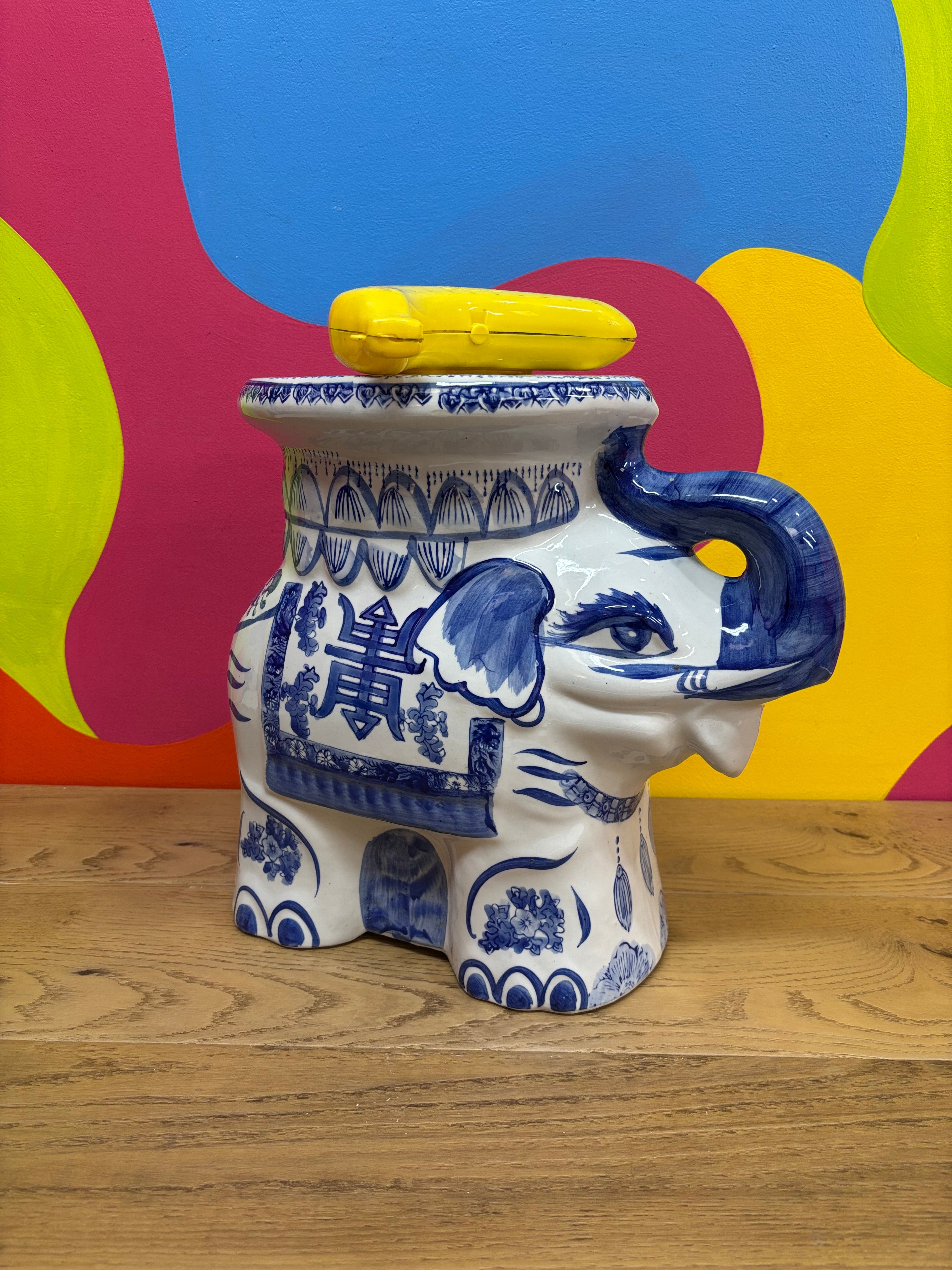 Ceramic Blue & White Elephant Plant Stand - The Bombay Co