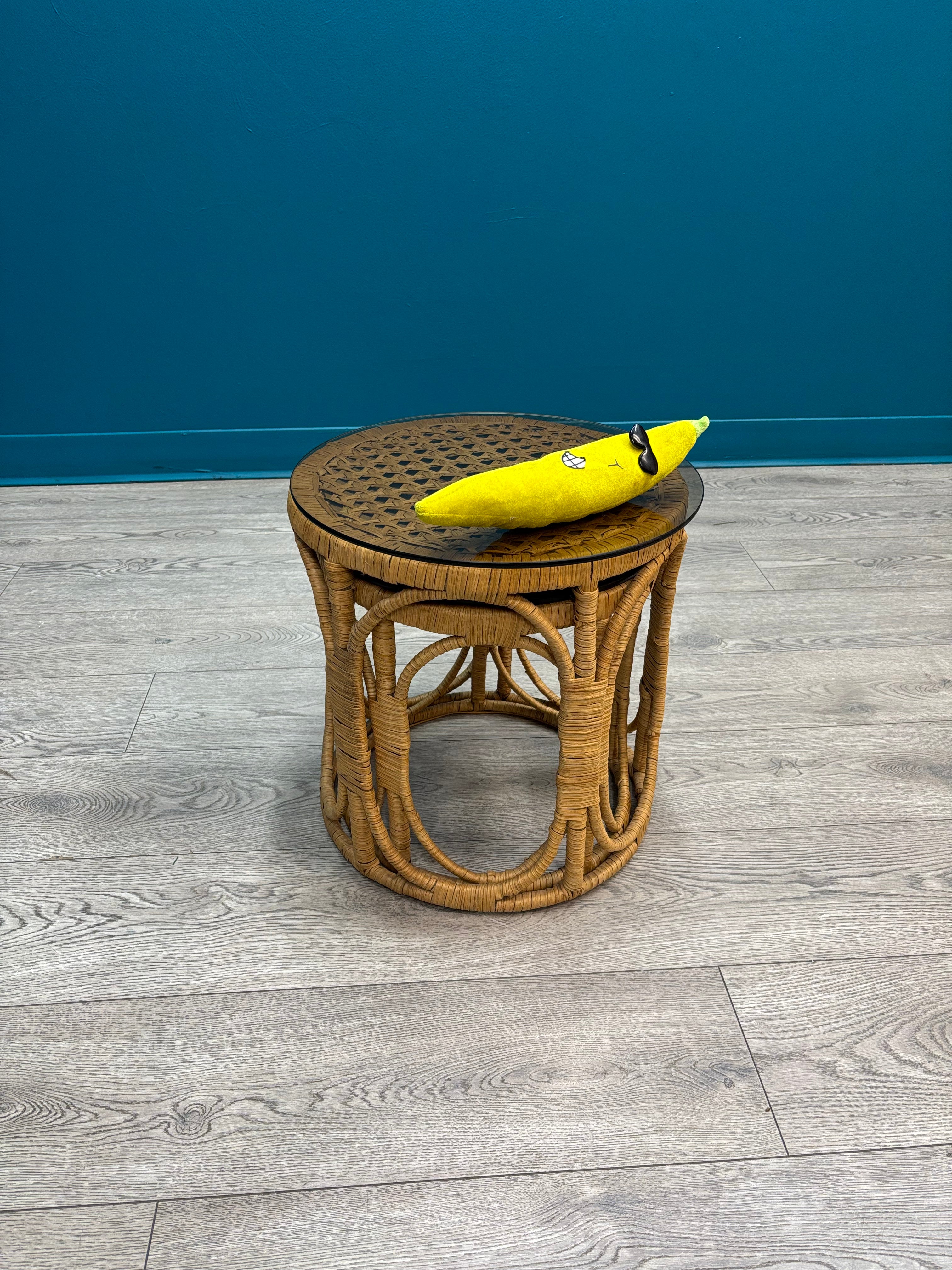 (2) Round Rattan Side Tables with Glass Tops