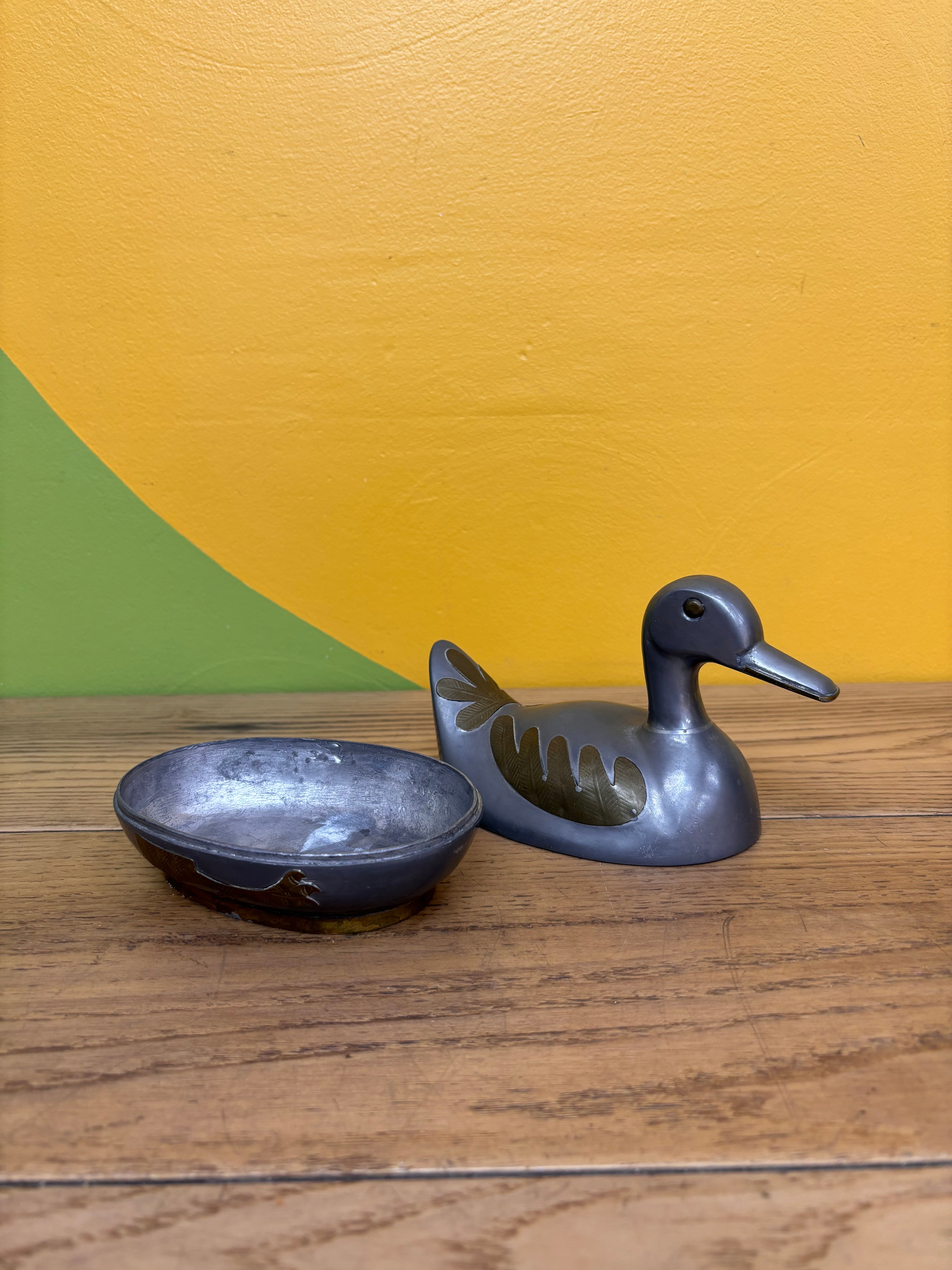 Pewter and Brass Duck Trinket Box