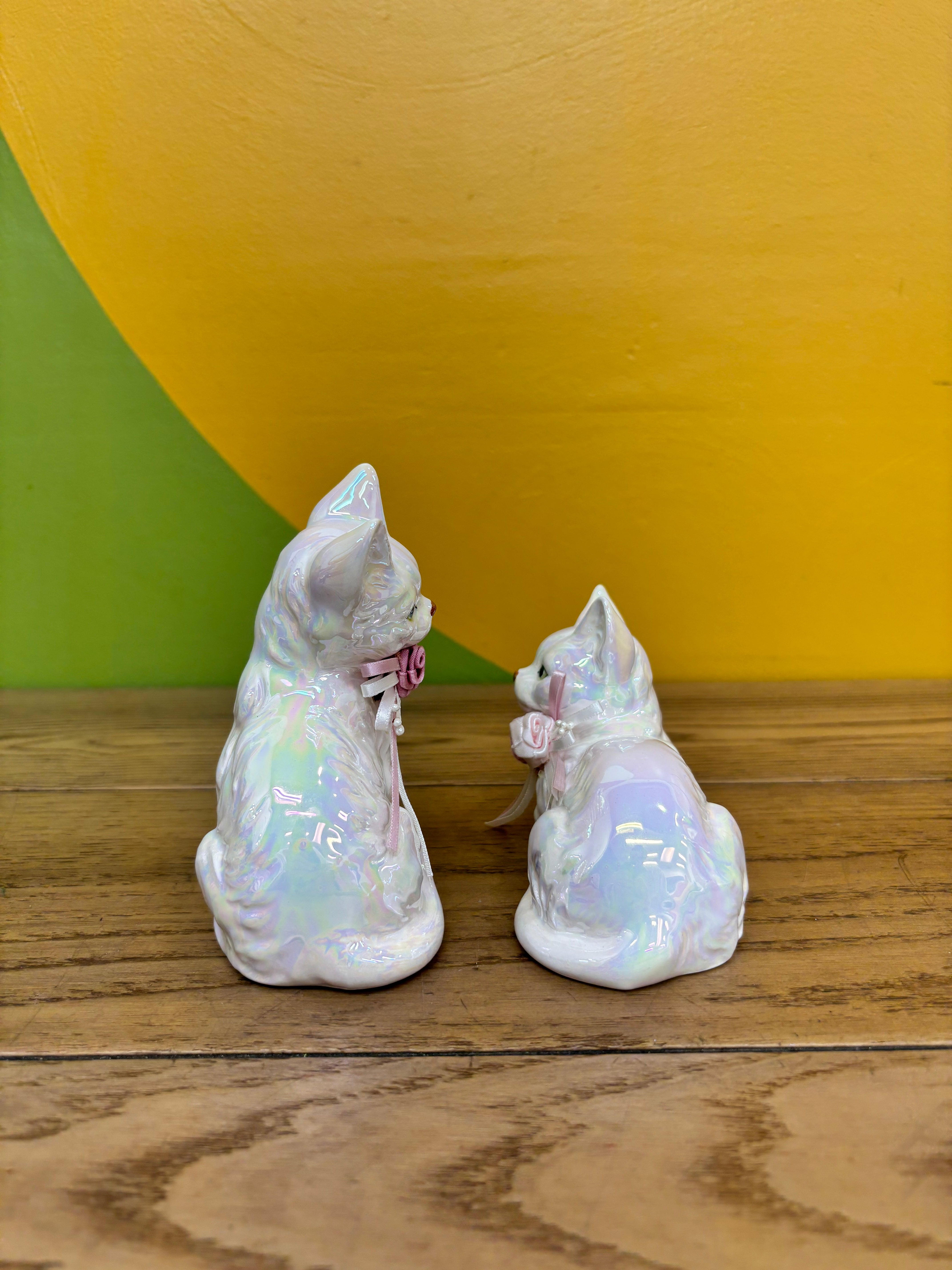 Iridescent Porcelain Cat Figurines (2)
