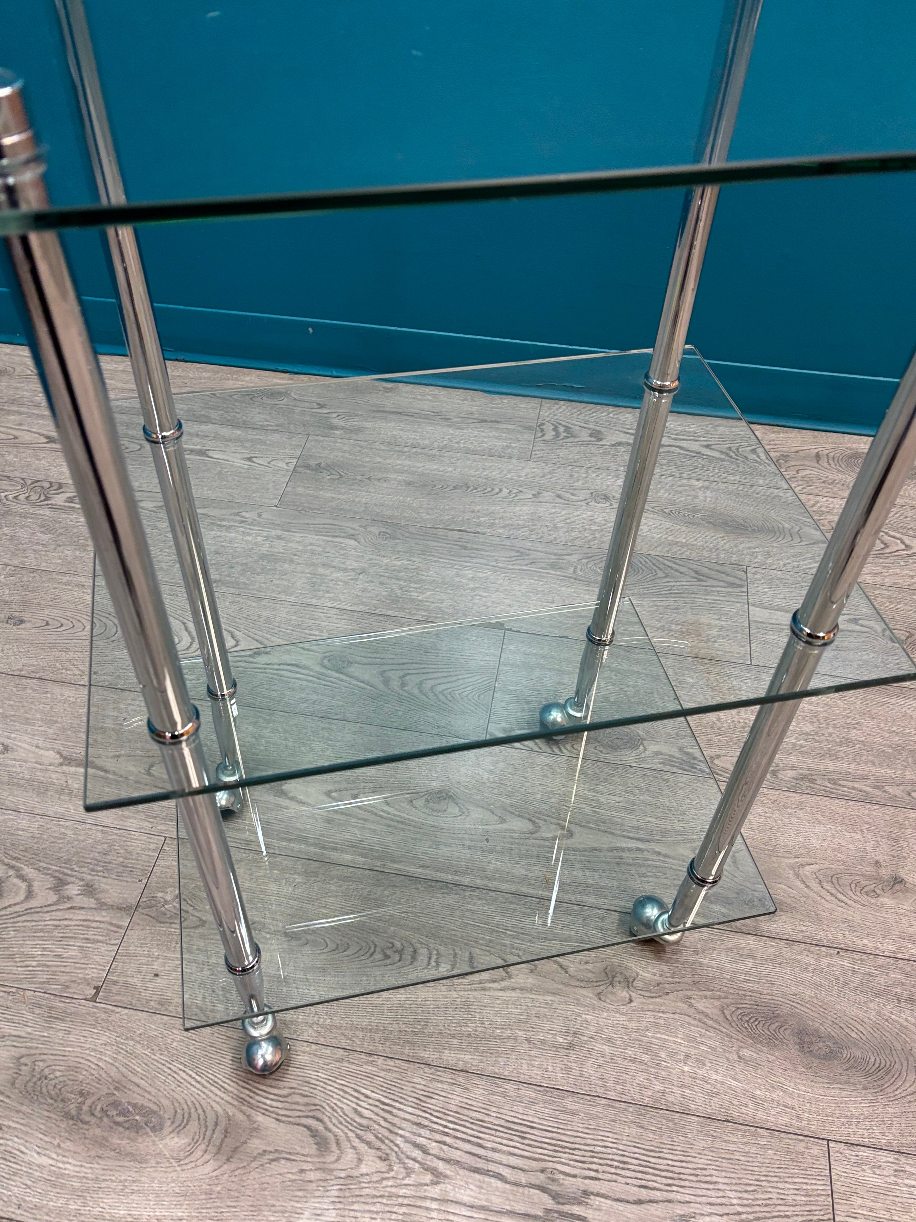 3 Tier Chrome & Glass Bar Cart on Wheels