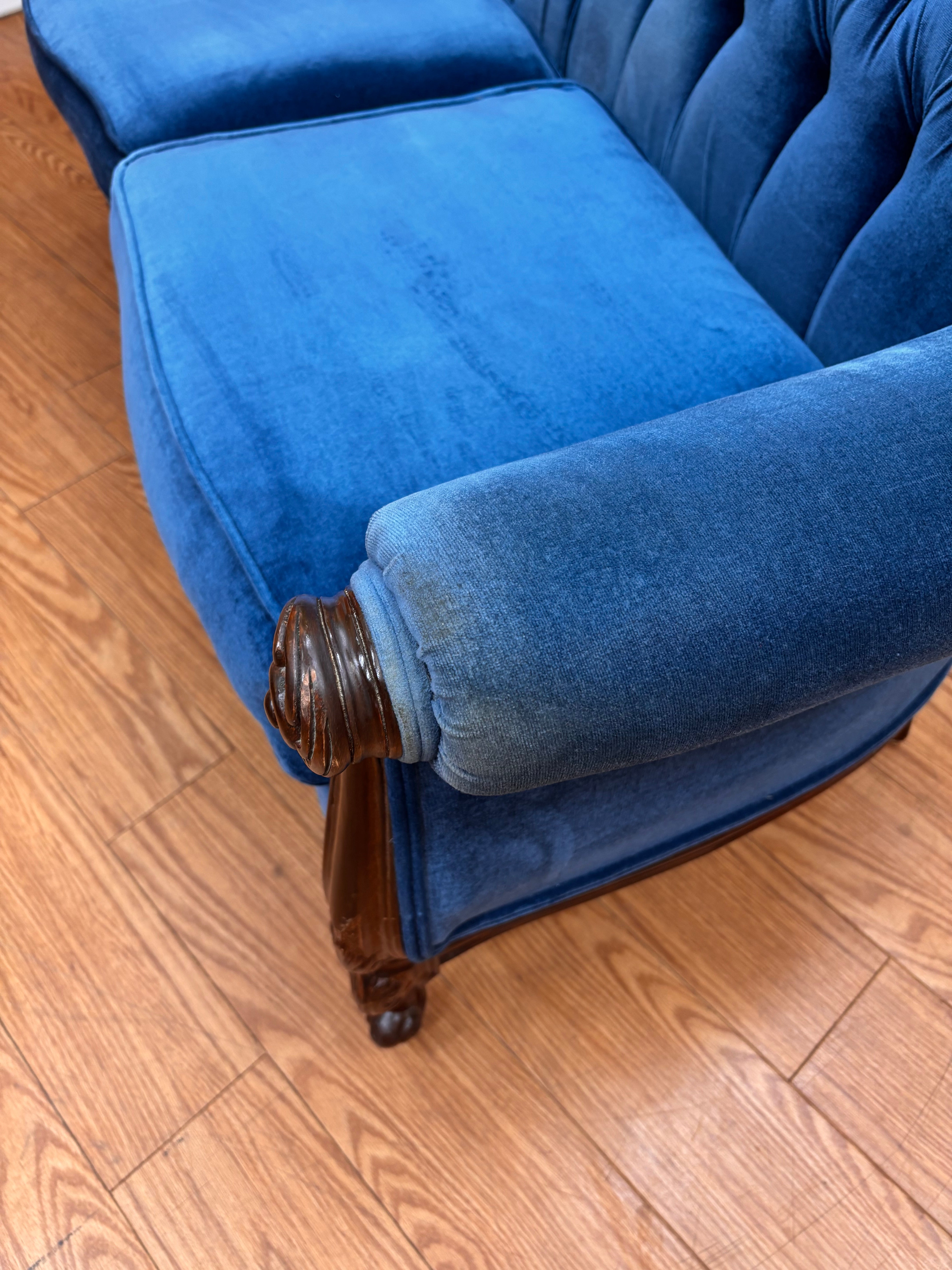 Blue Velvet Carved Wood Loveseat