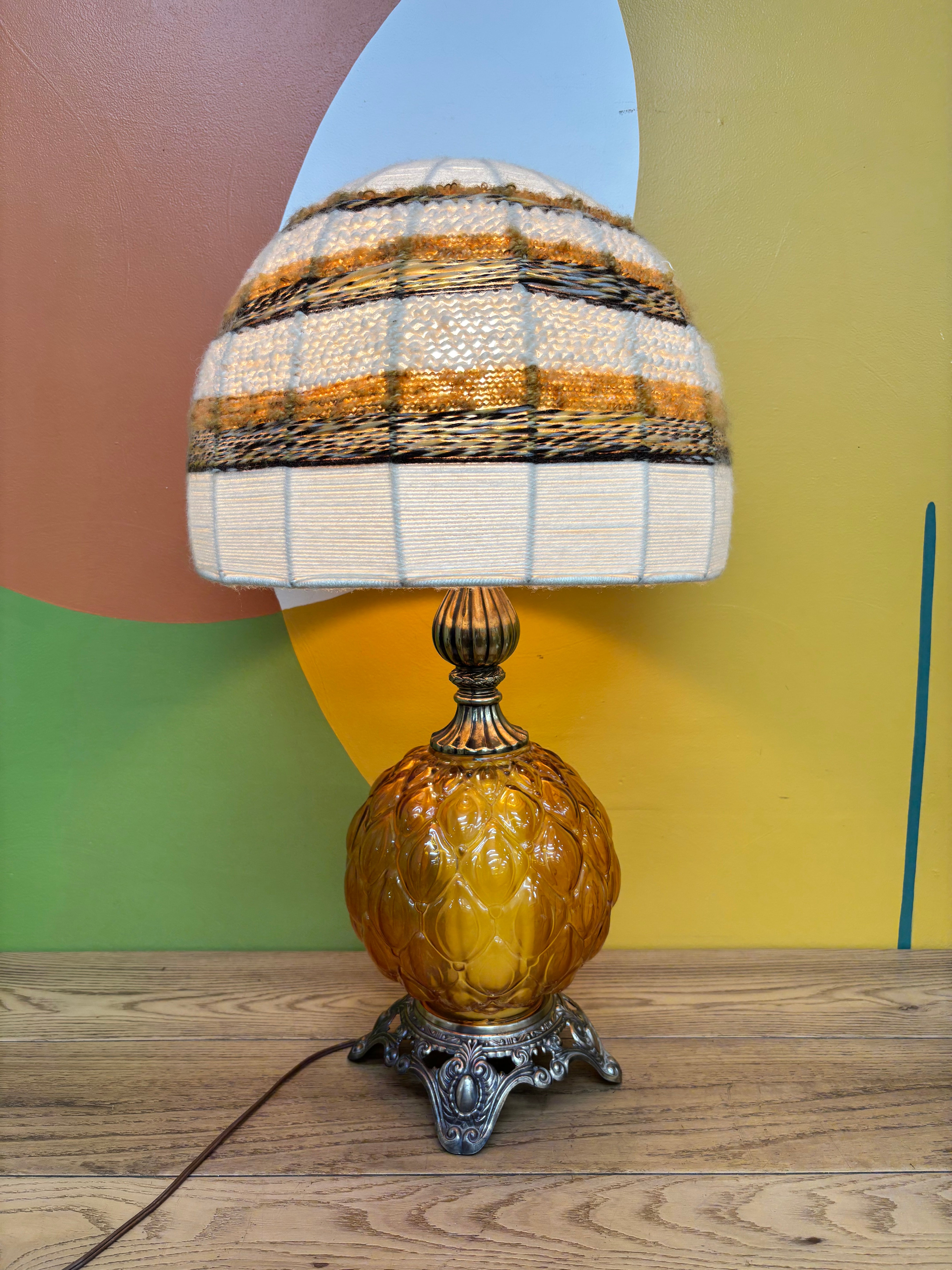 Amber Glass Table Lamp with Woven Shade