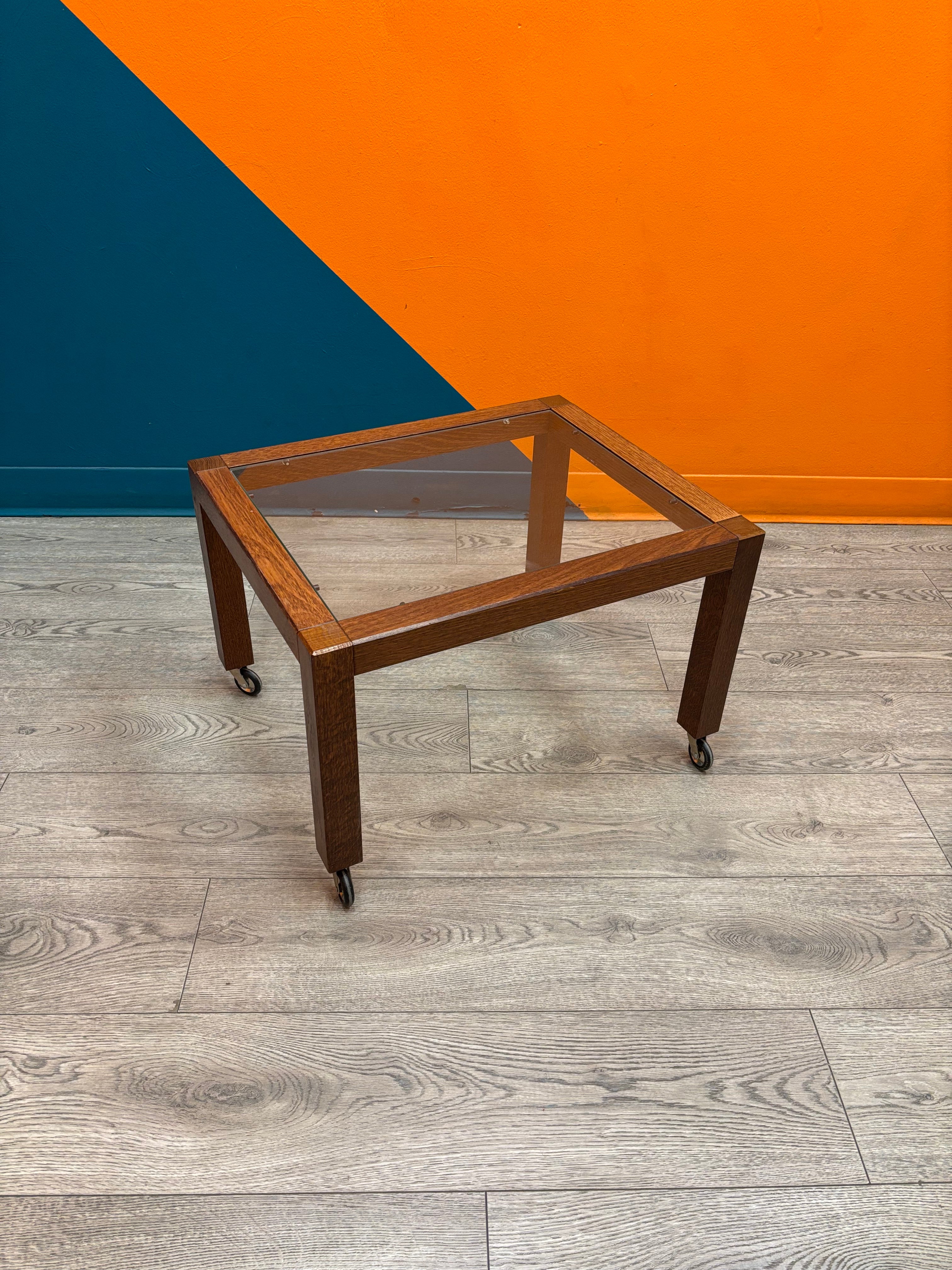 Wood & Glass Side Table on Wheels