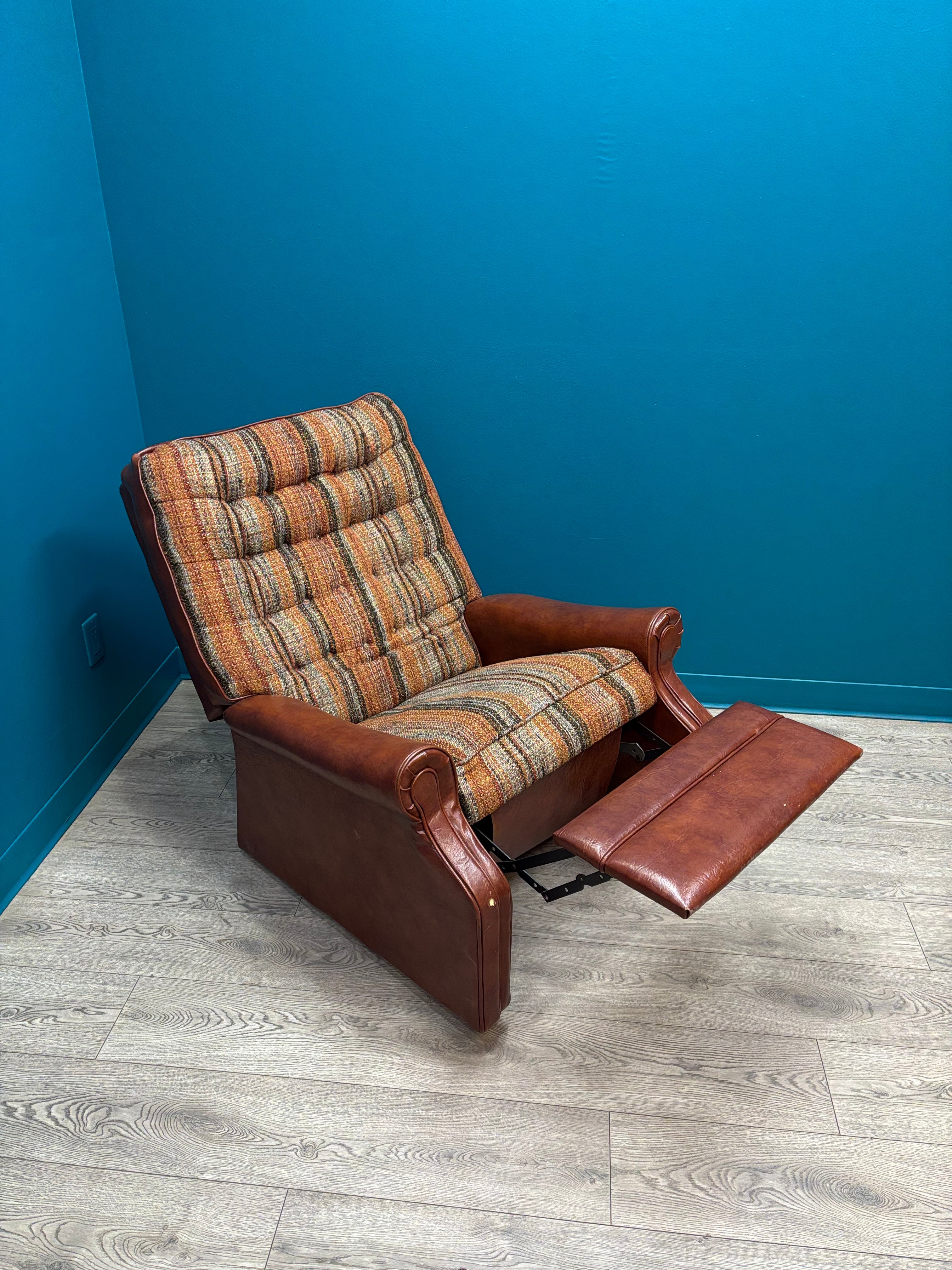 Plaid & Brown Pleather Recliner