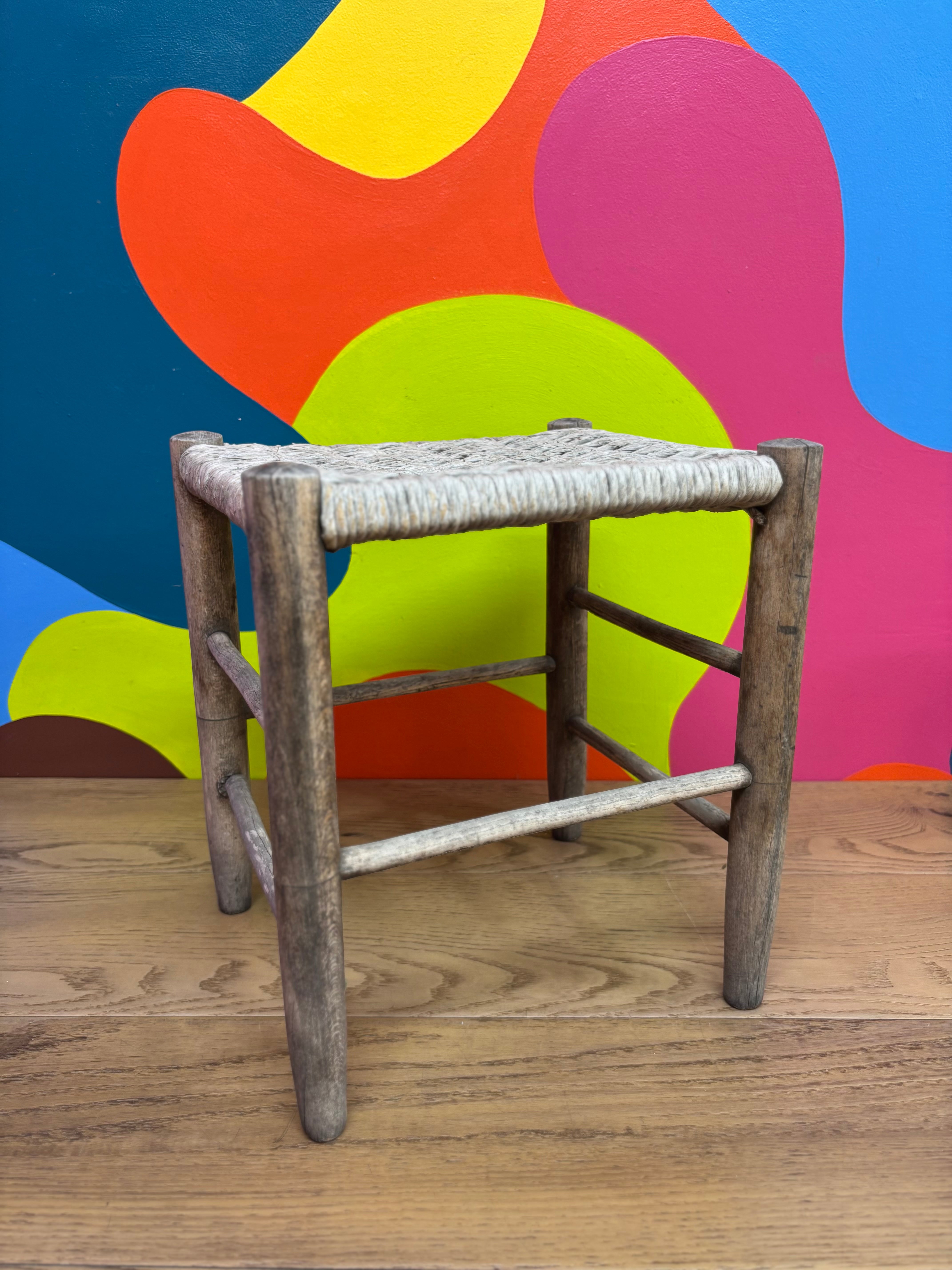 Grey-Toned Wood Woven Stool