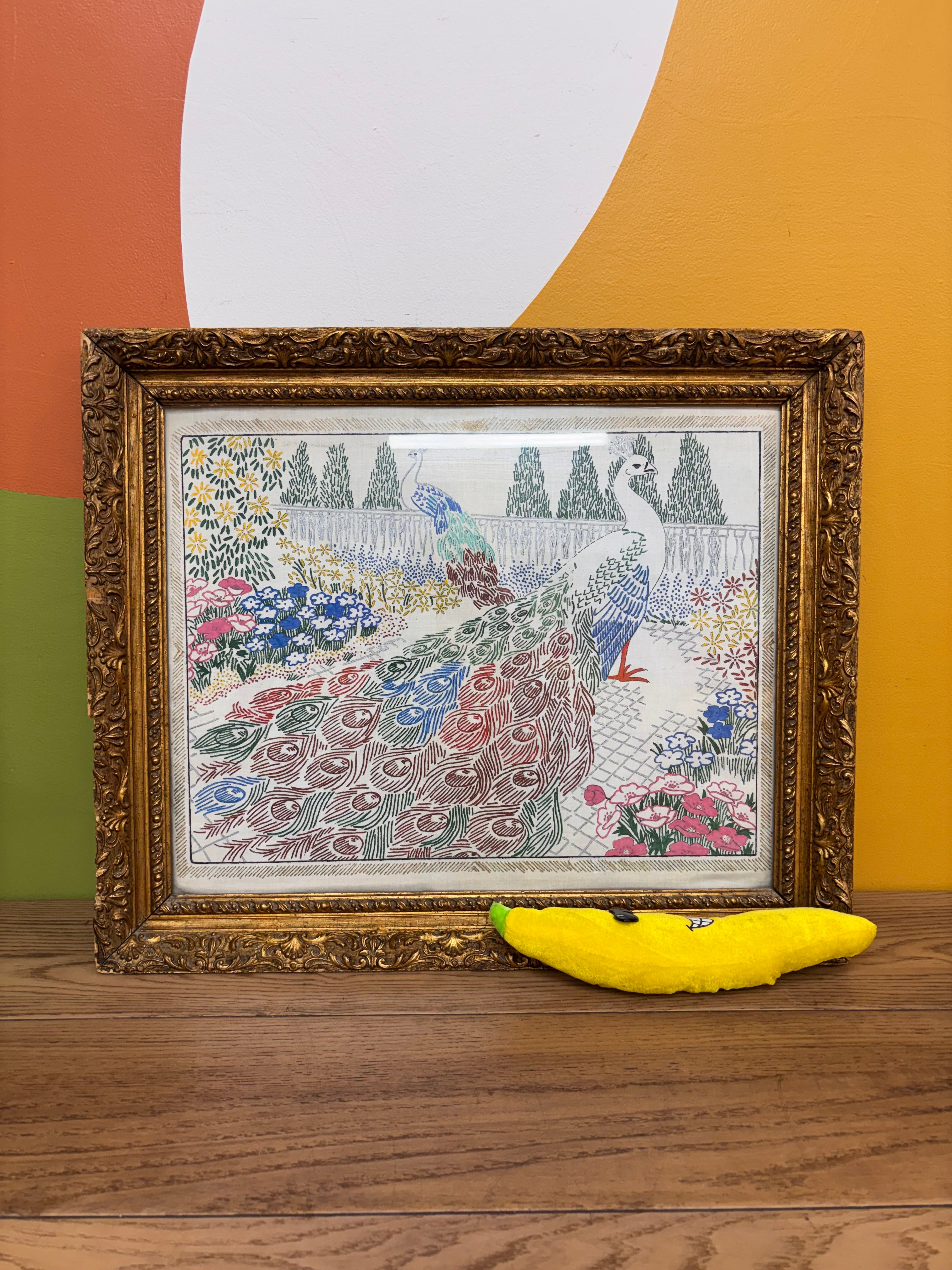 Gold Framed Embroidered Peacock Art
