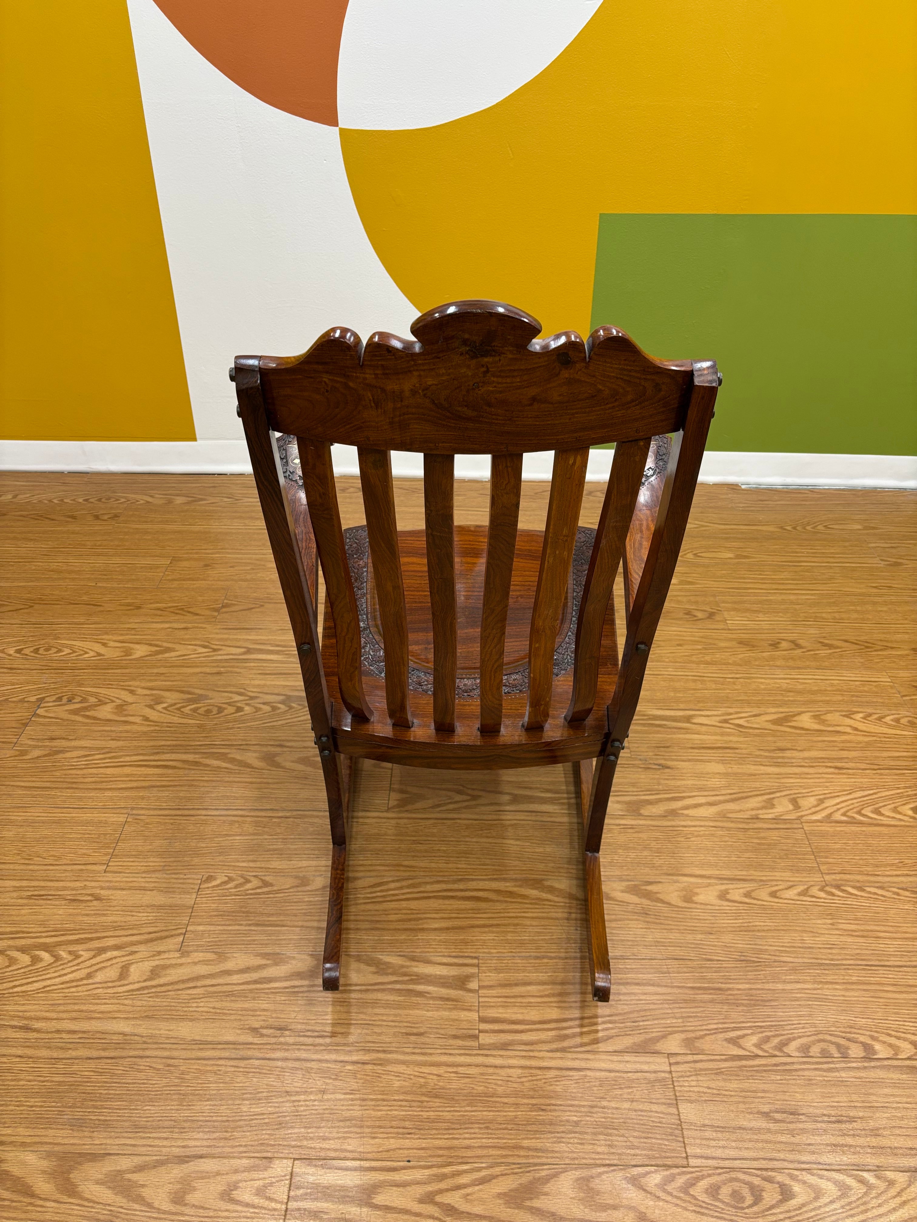 Wood Carved Brass Inlay Rocking Chair