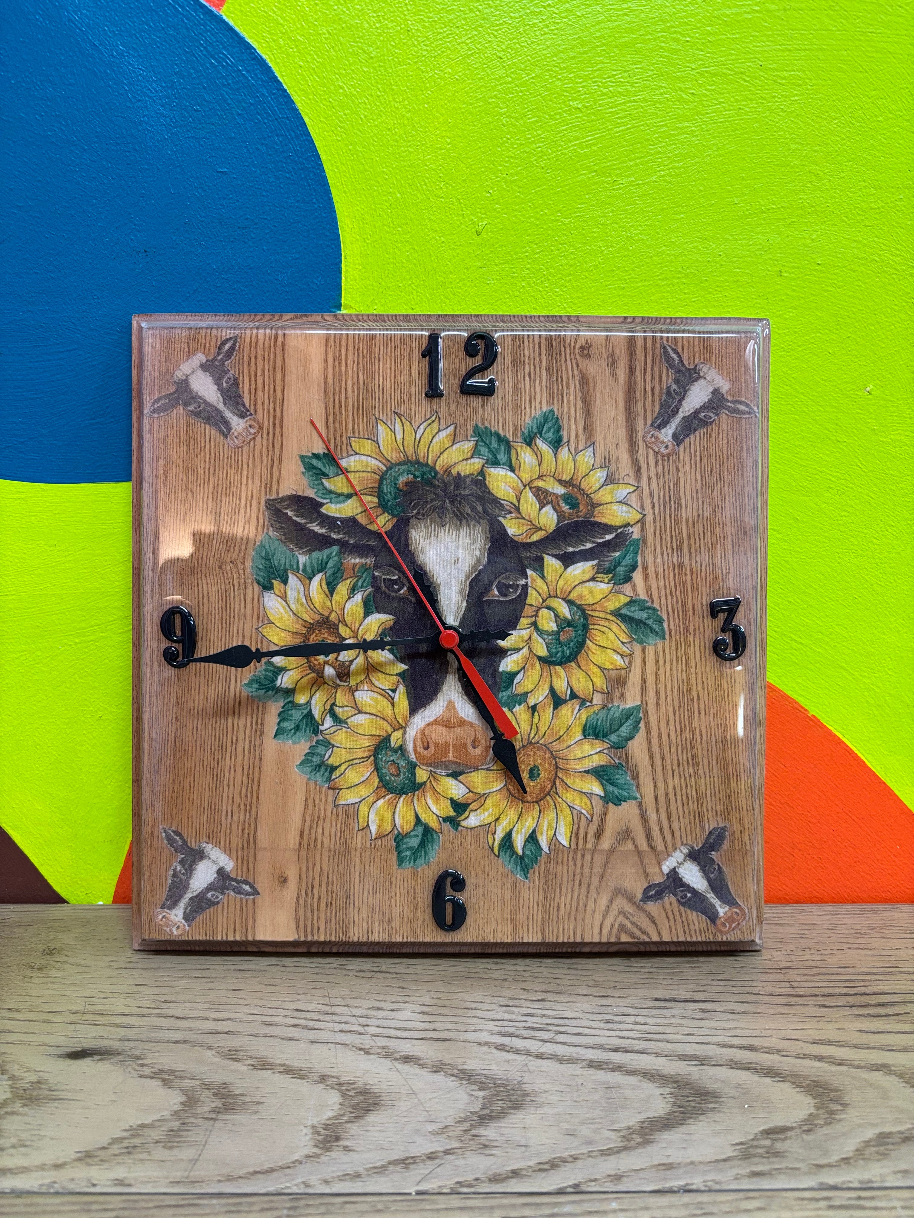 Square Wood Cow Clock