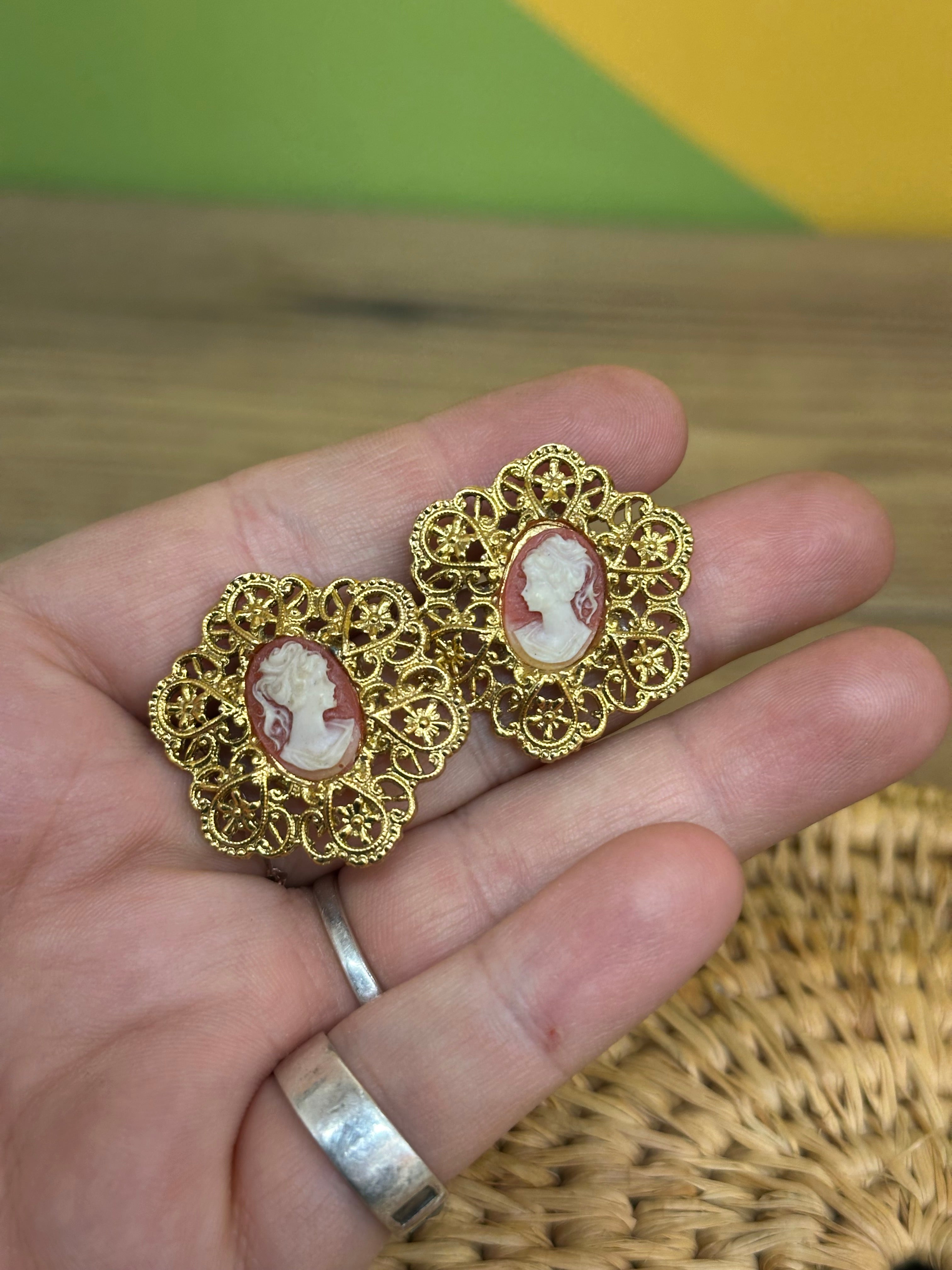 Gold Tone Cameo Earrings and Brooch Set