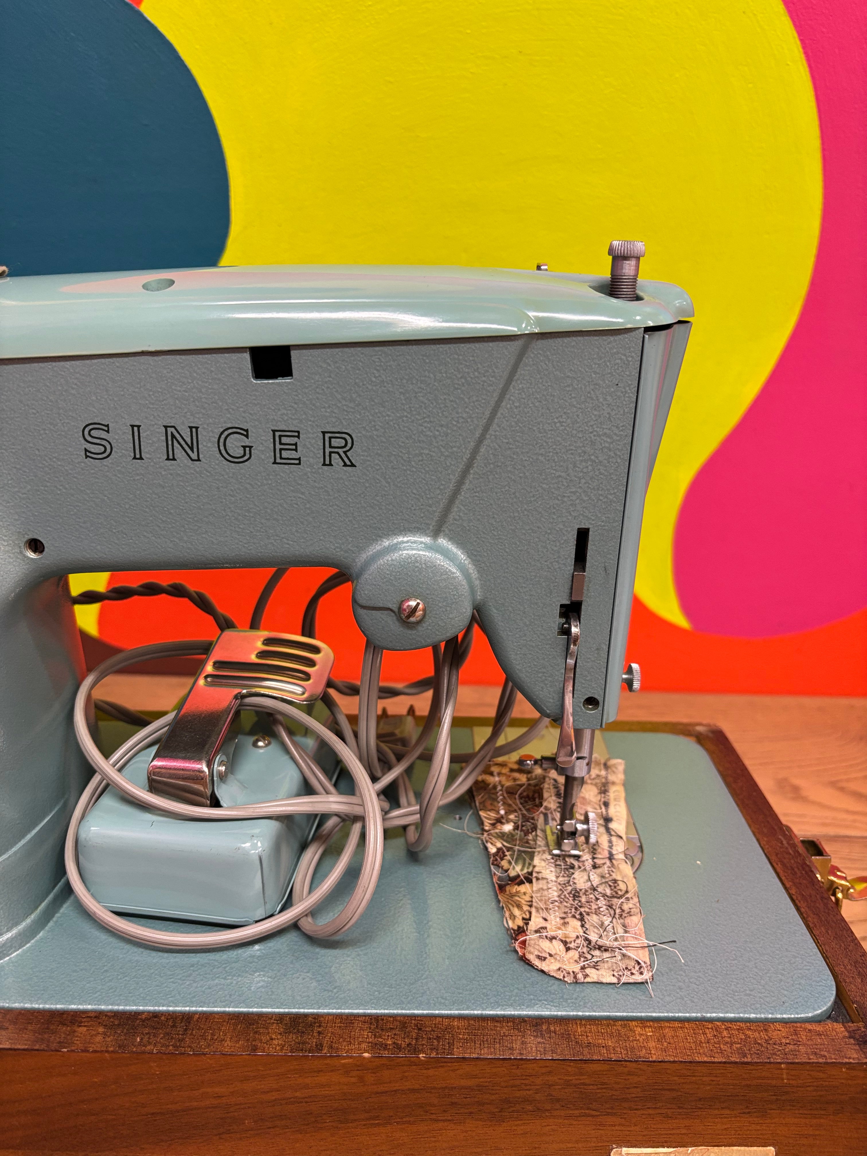 Teal Singer Sewing Machine in Carrying Case