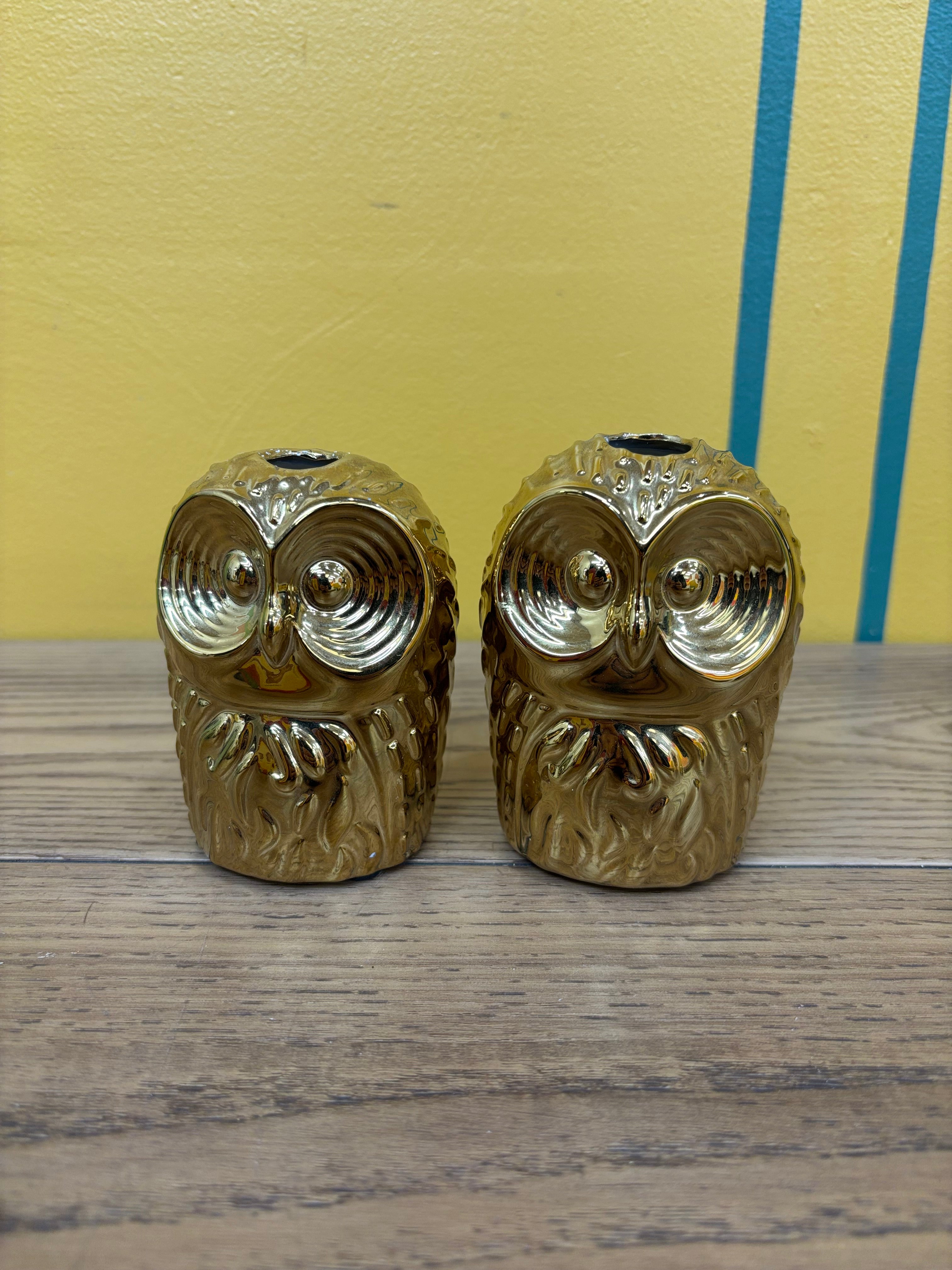 (2) Gold Ceramic Owl Candle Holders