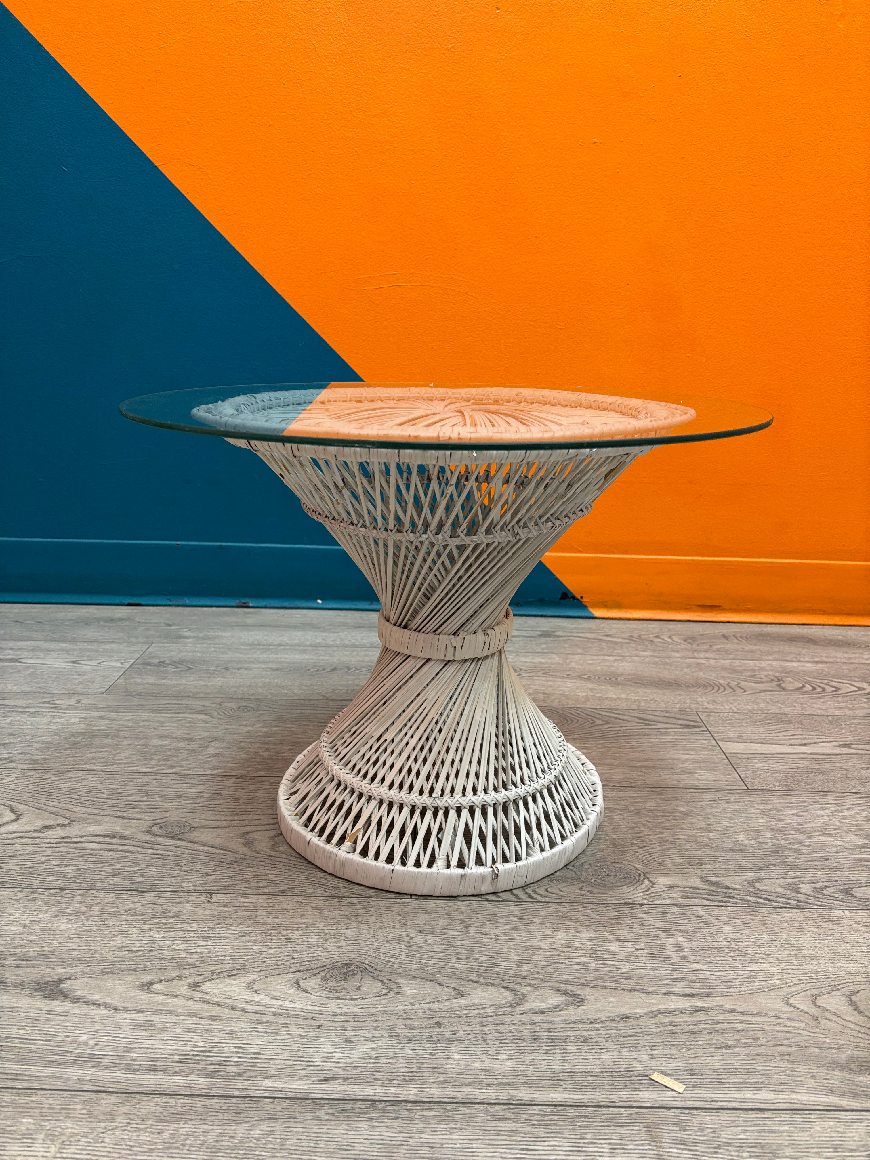 White Wicker Glass Side Table
