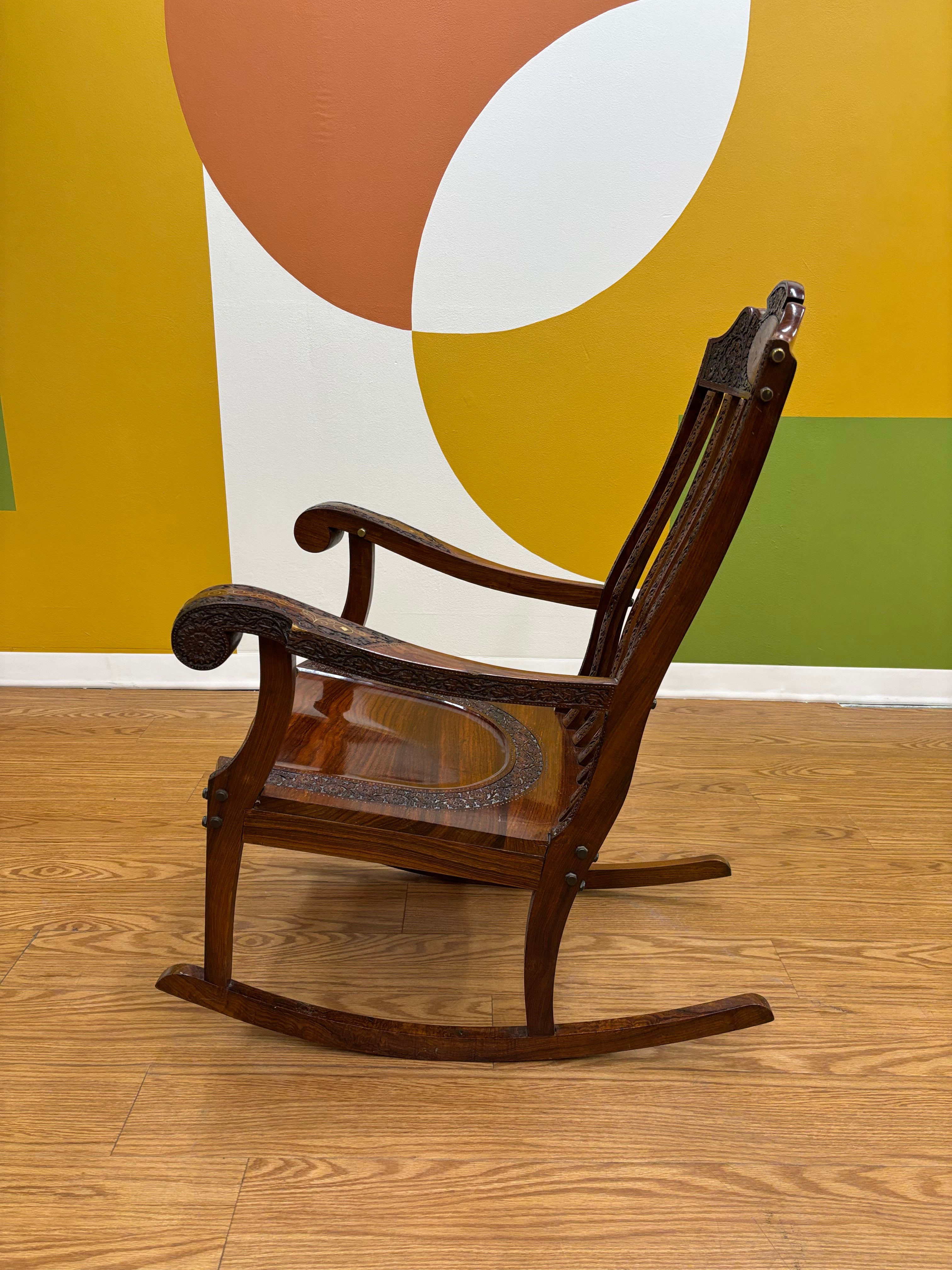 Wood Carved Brass Inlay Rocking Chair