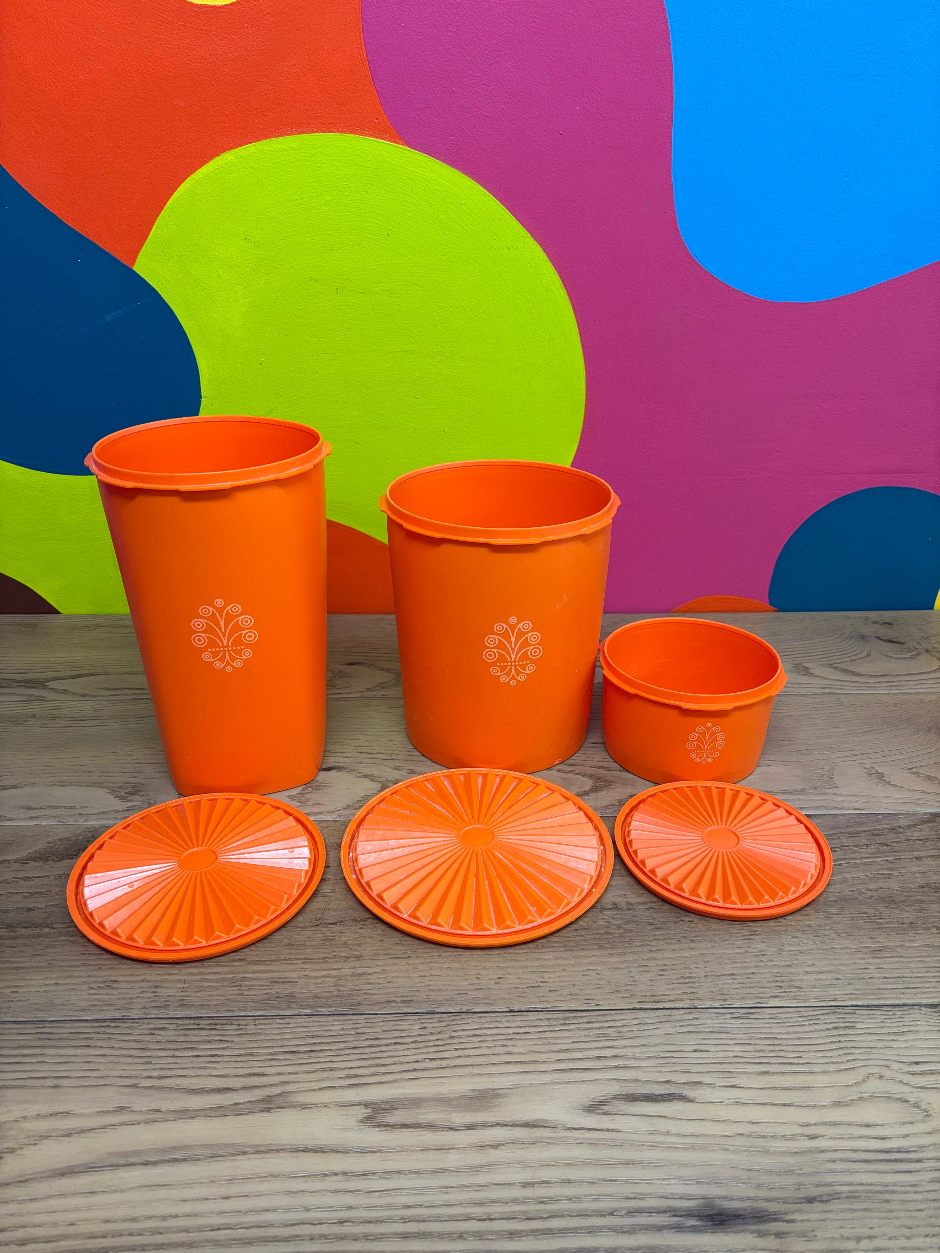 (3) Orange Tupperware Canisters