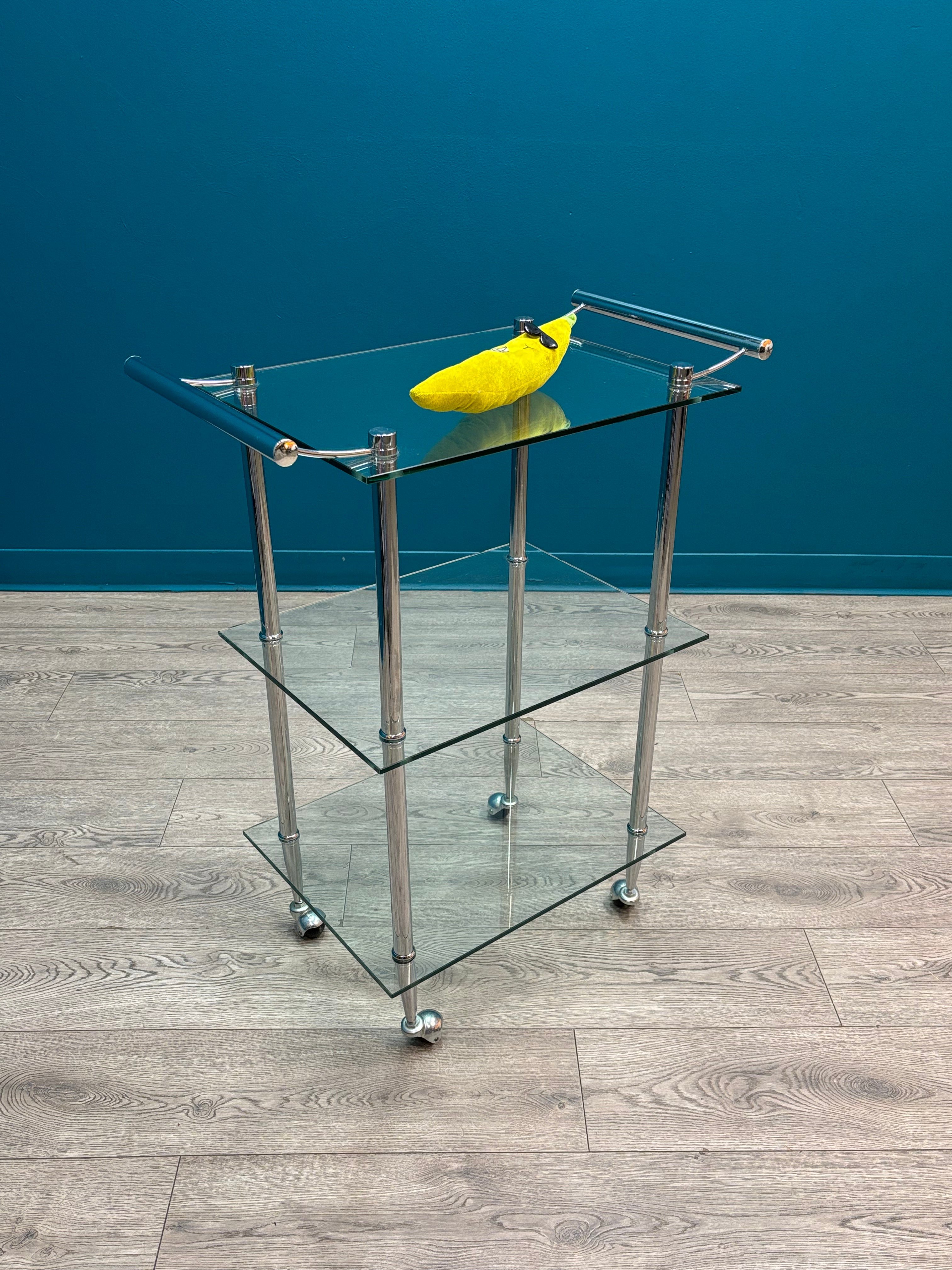 3 Tier Chrome & Glass Bar Cart on Wheels