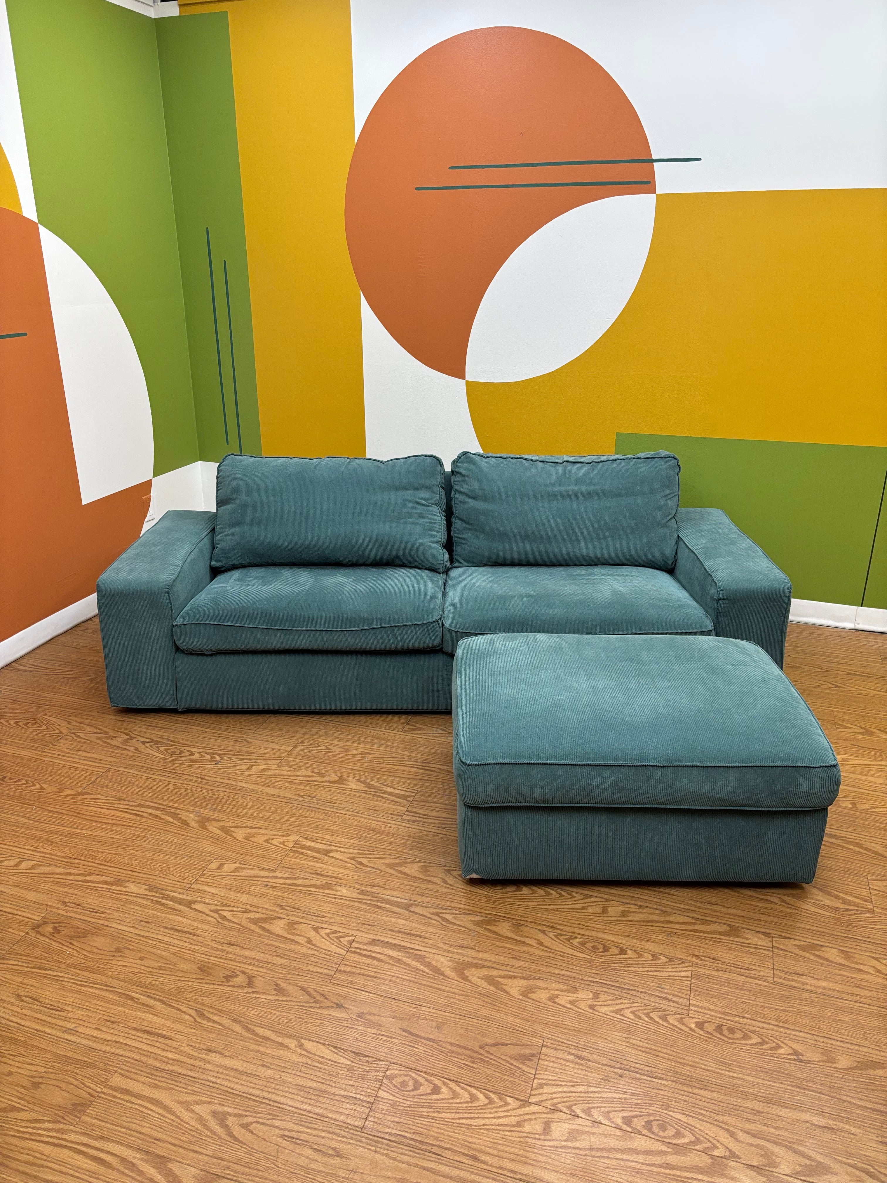 Teal Fabric Loveseat with Ottoman