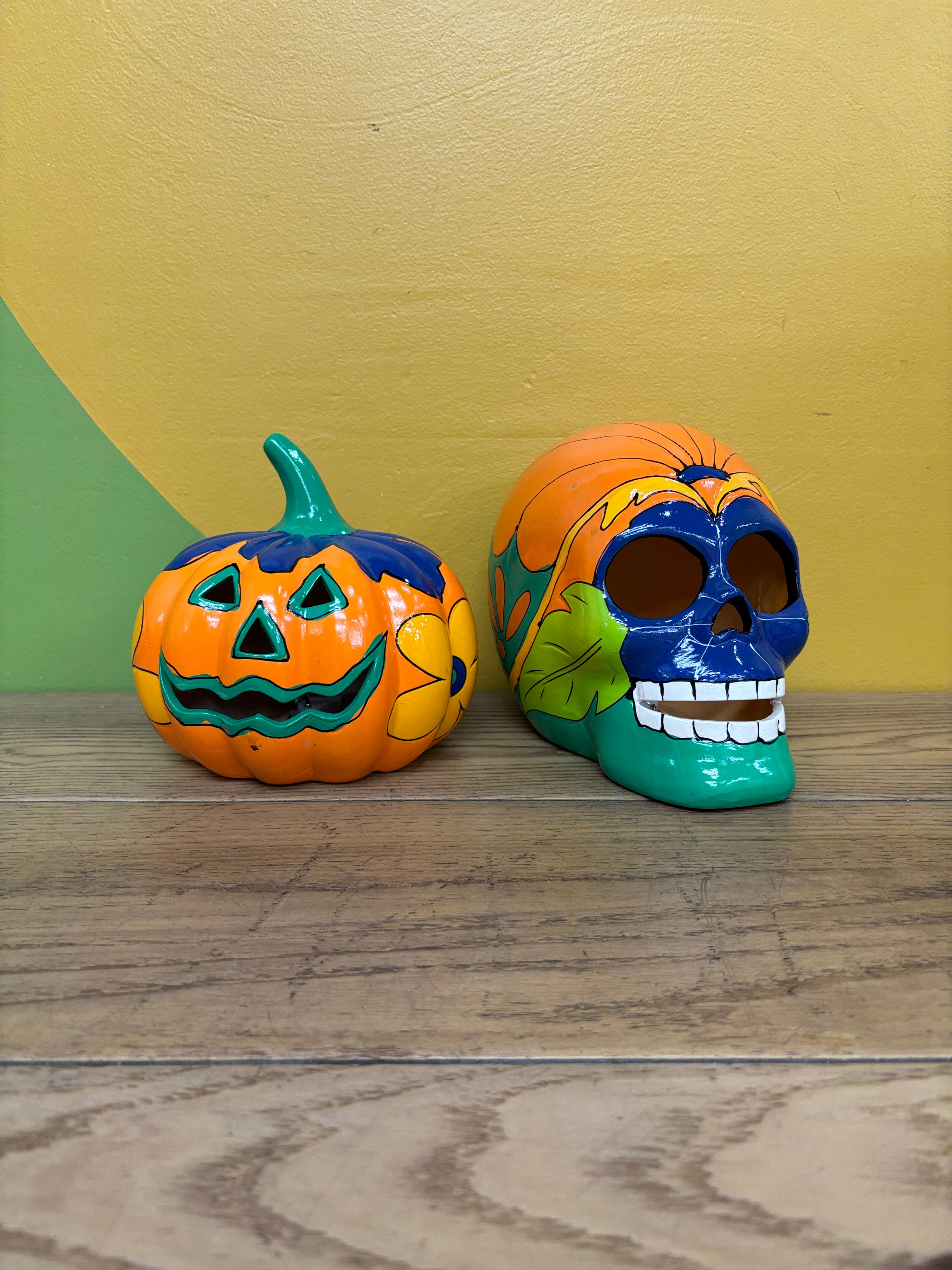 Painted Pumpkin & Skeleton Head