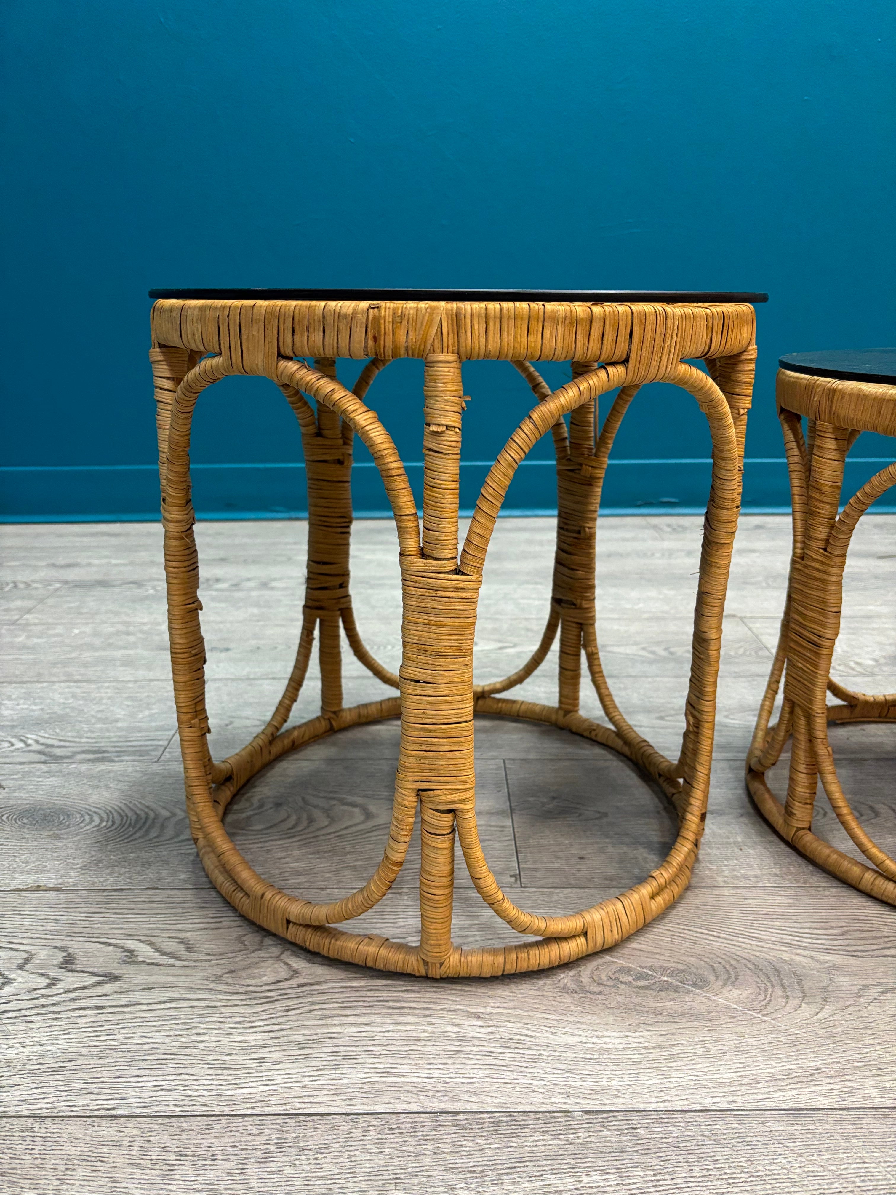 (2) Round Rattan Side Tables with Glass Tops