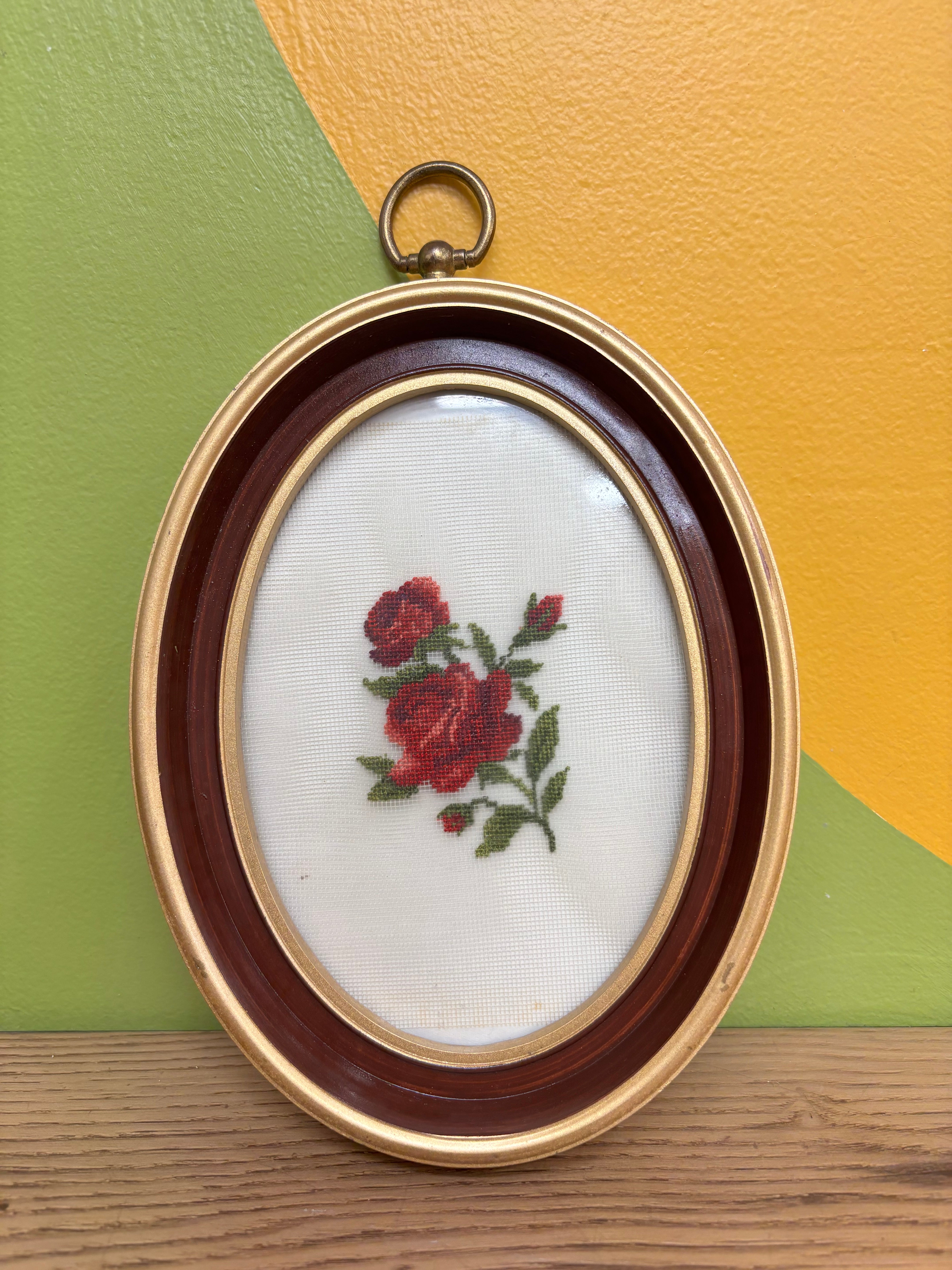 Oval Red Rose Needlepoint