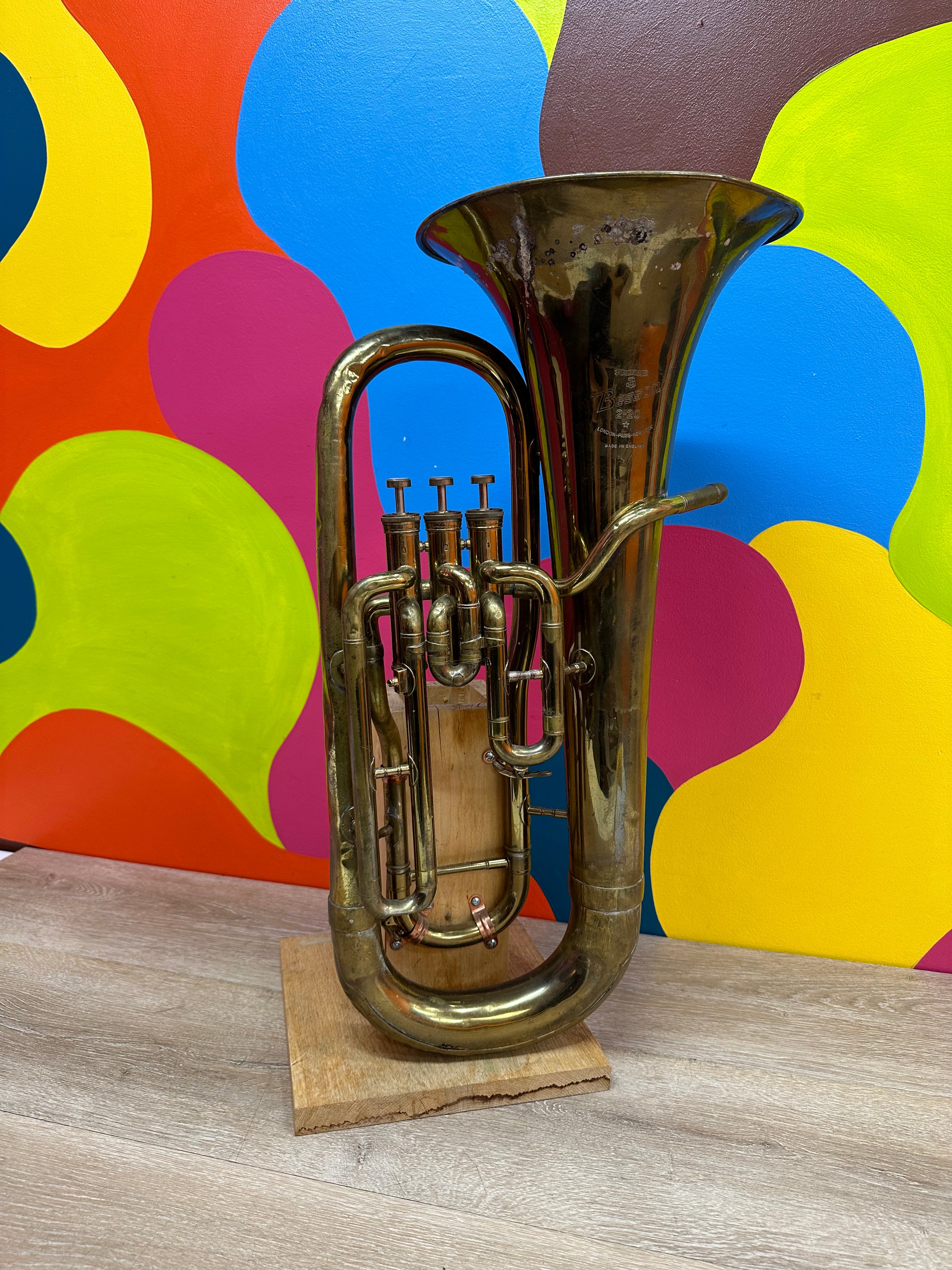 Mounted Besson 2-20 Tuba on Wood Stand (decor)