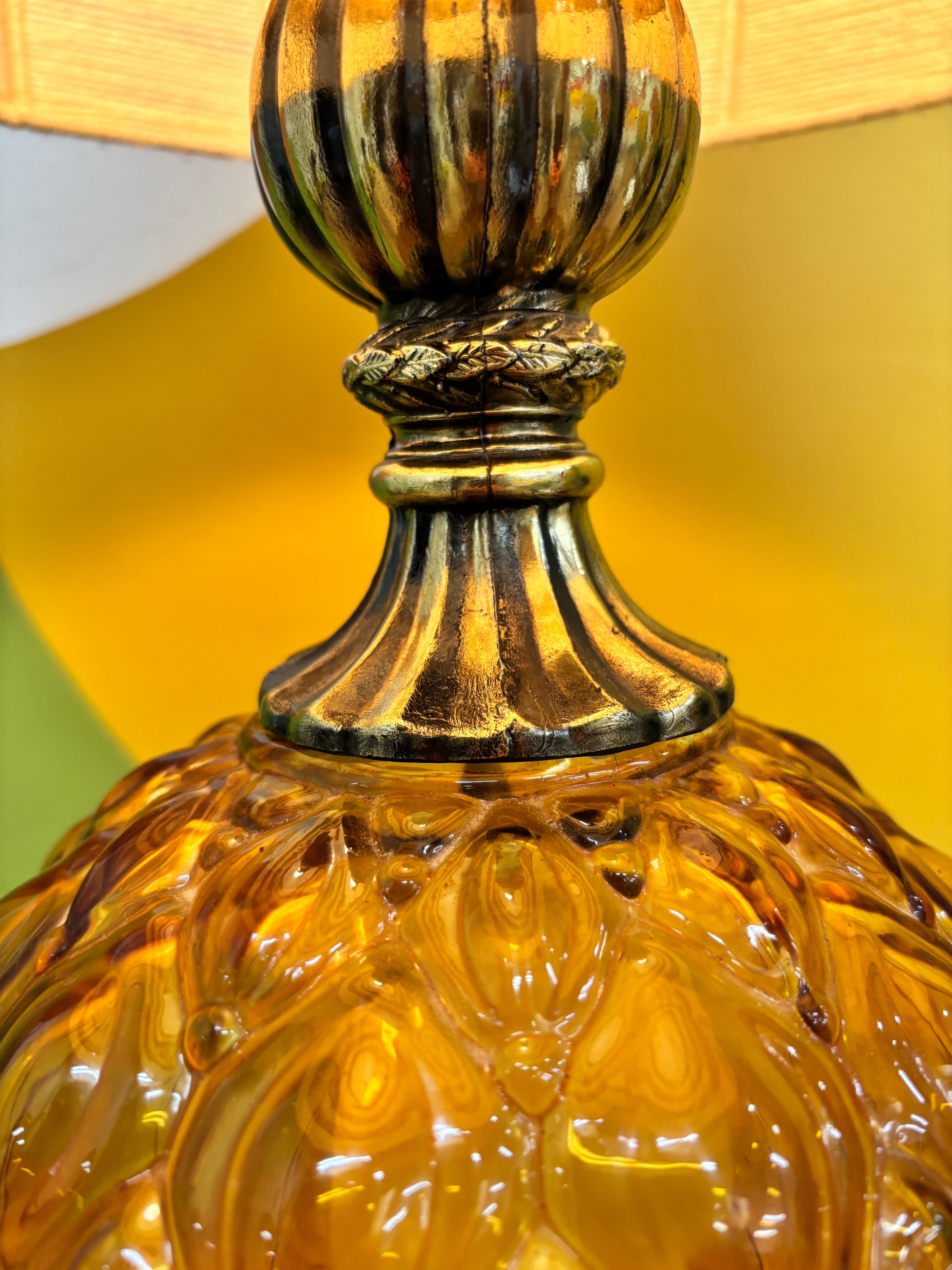 Amber Glass Table Lamp with Woven Shade