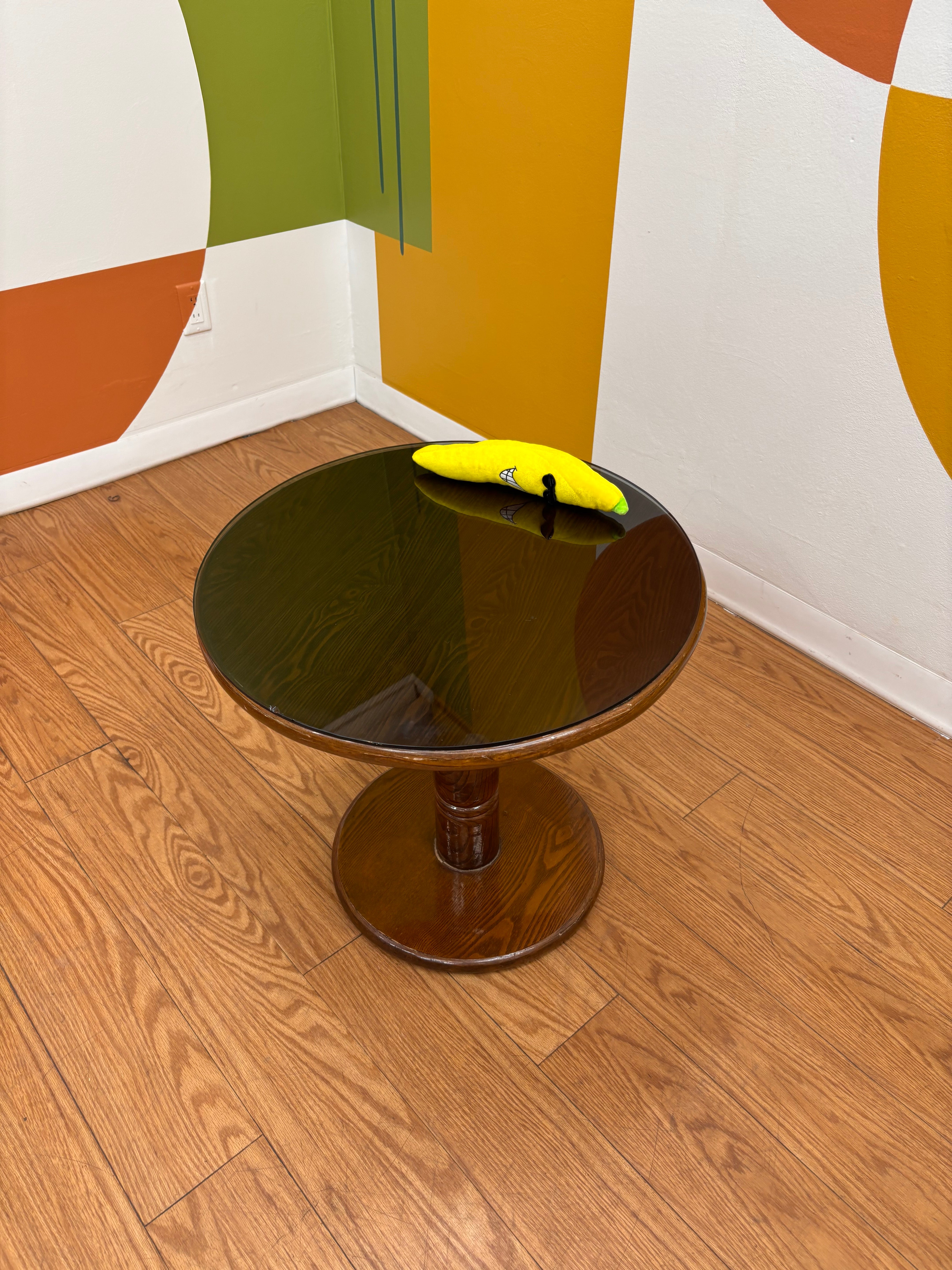 Round Glass Top Wood Table