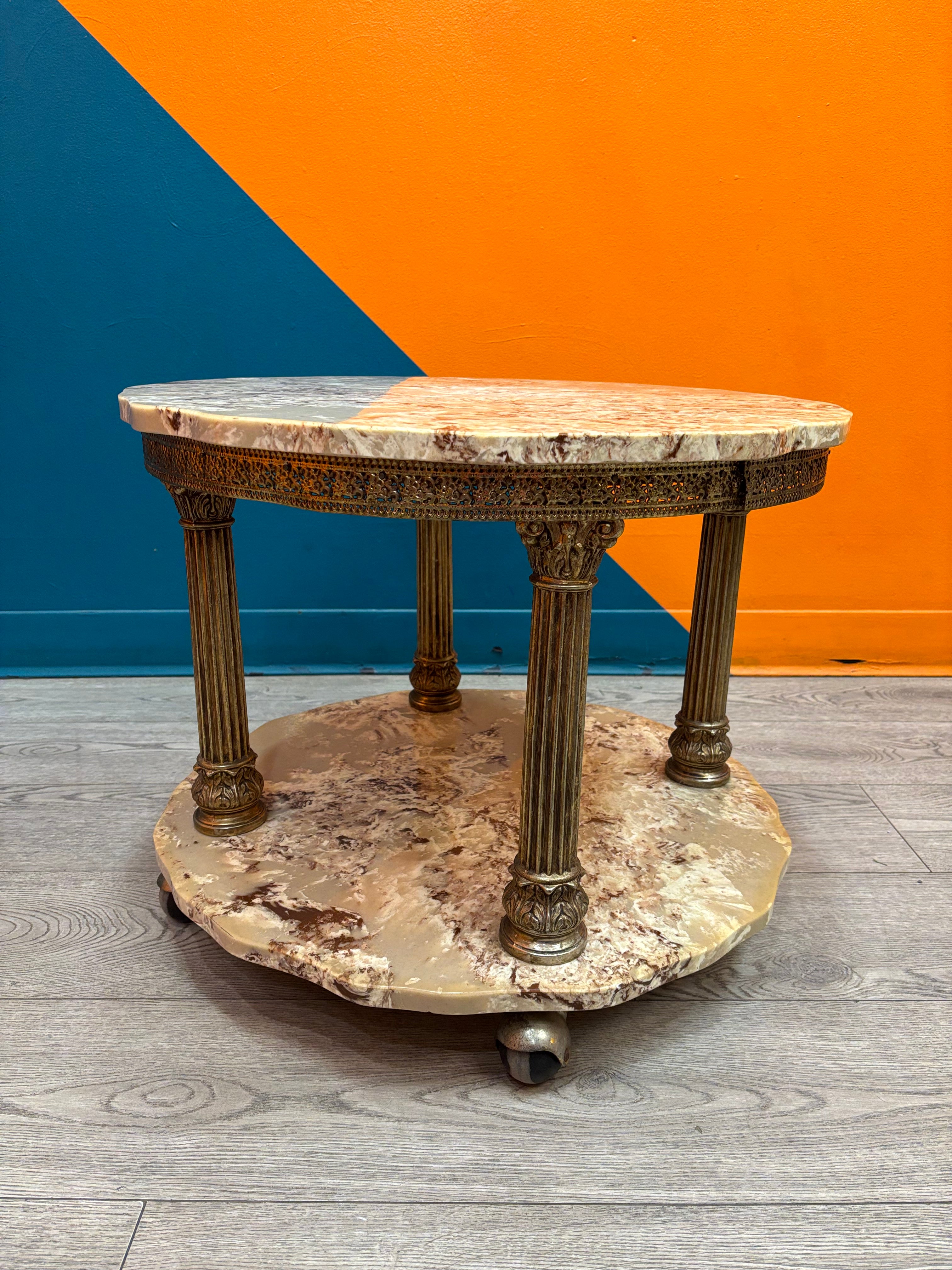 Brass and Marble Side Table on Wheels