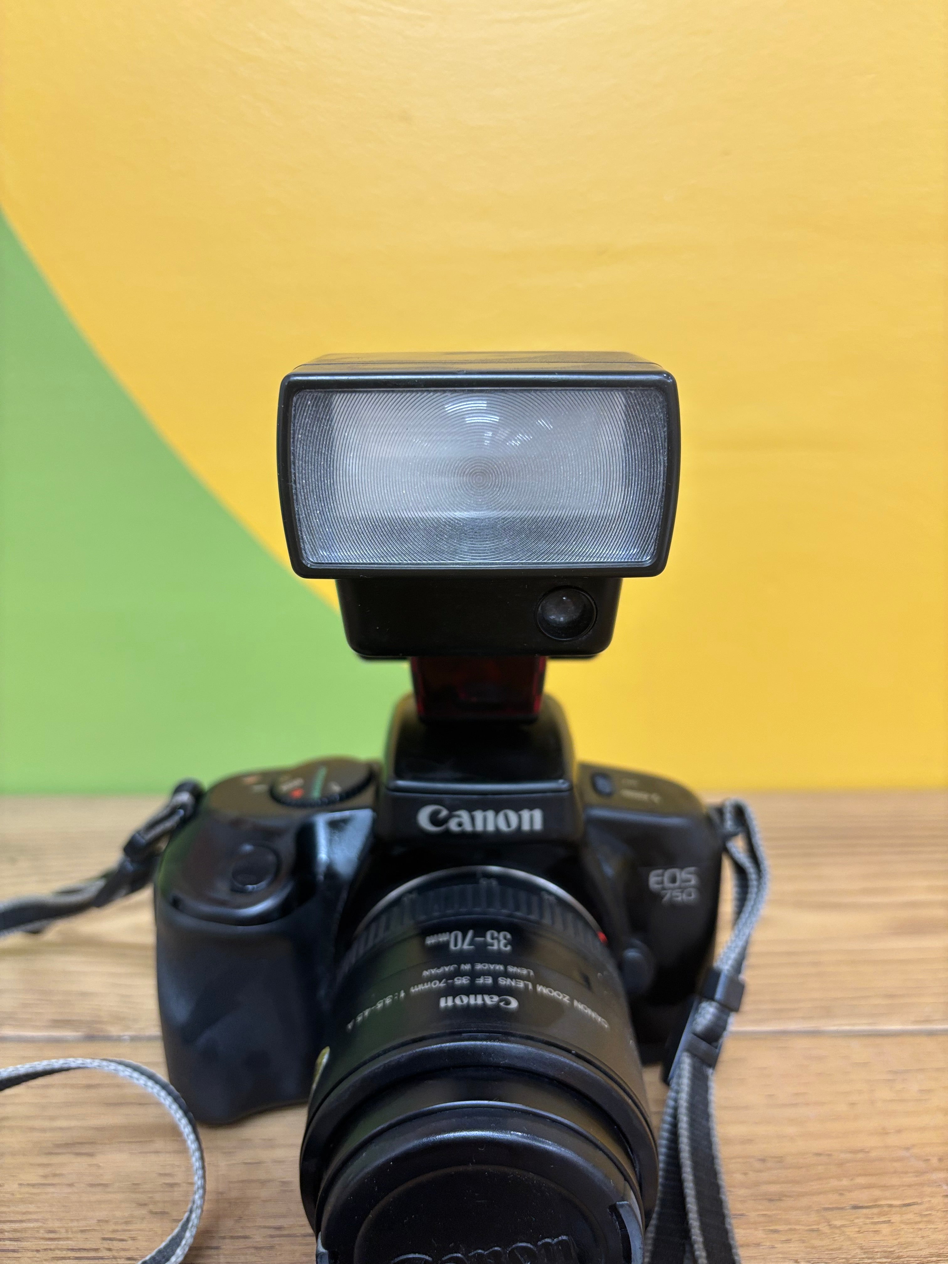 Canon EOS 750 Film Camera with Speedlite 300EZ Attached Flash