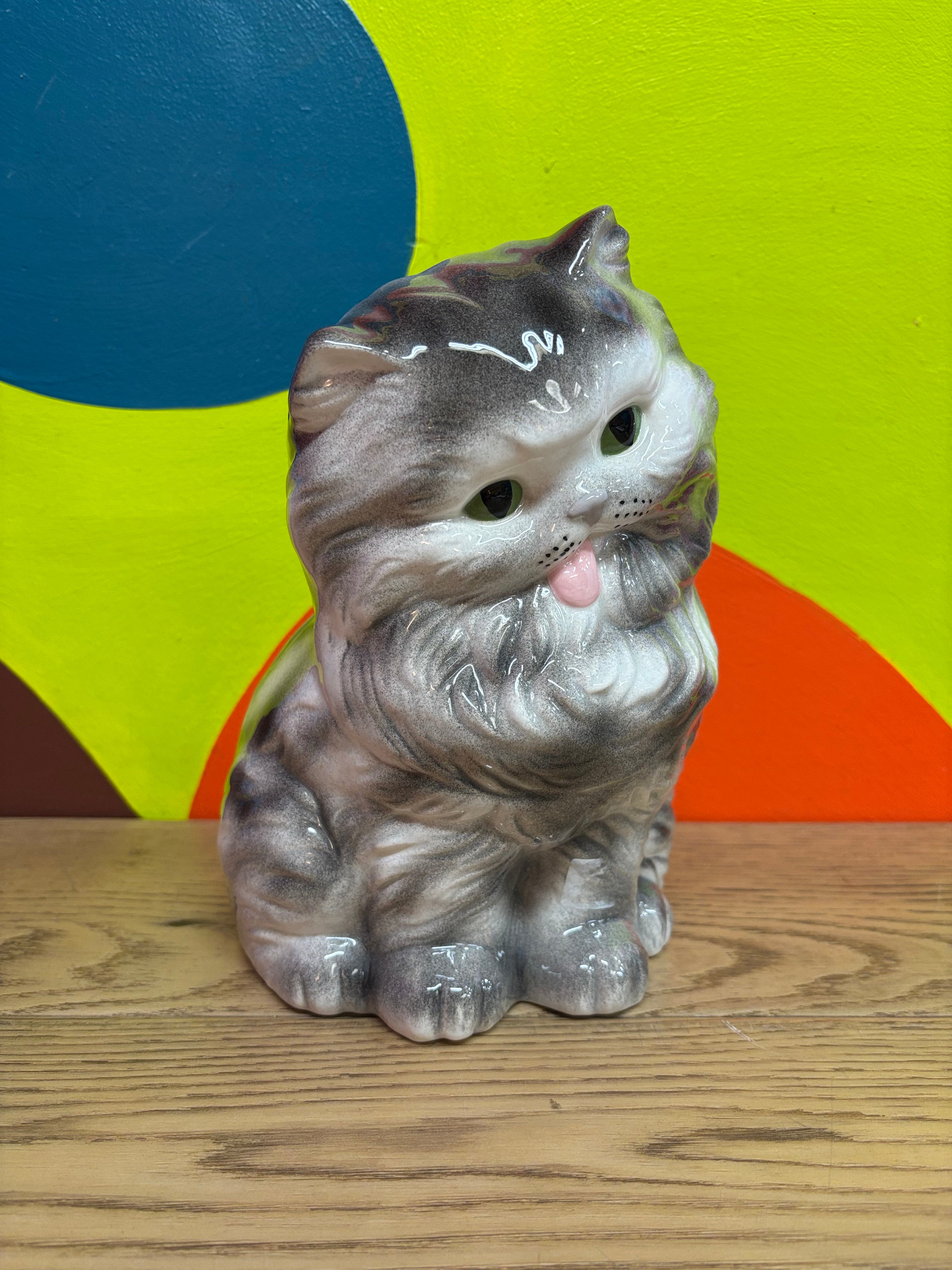 Ceramic Cat with Tongue Out Statue
