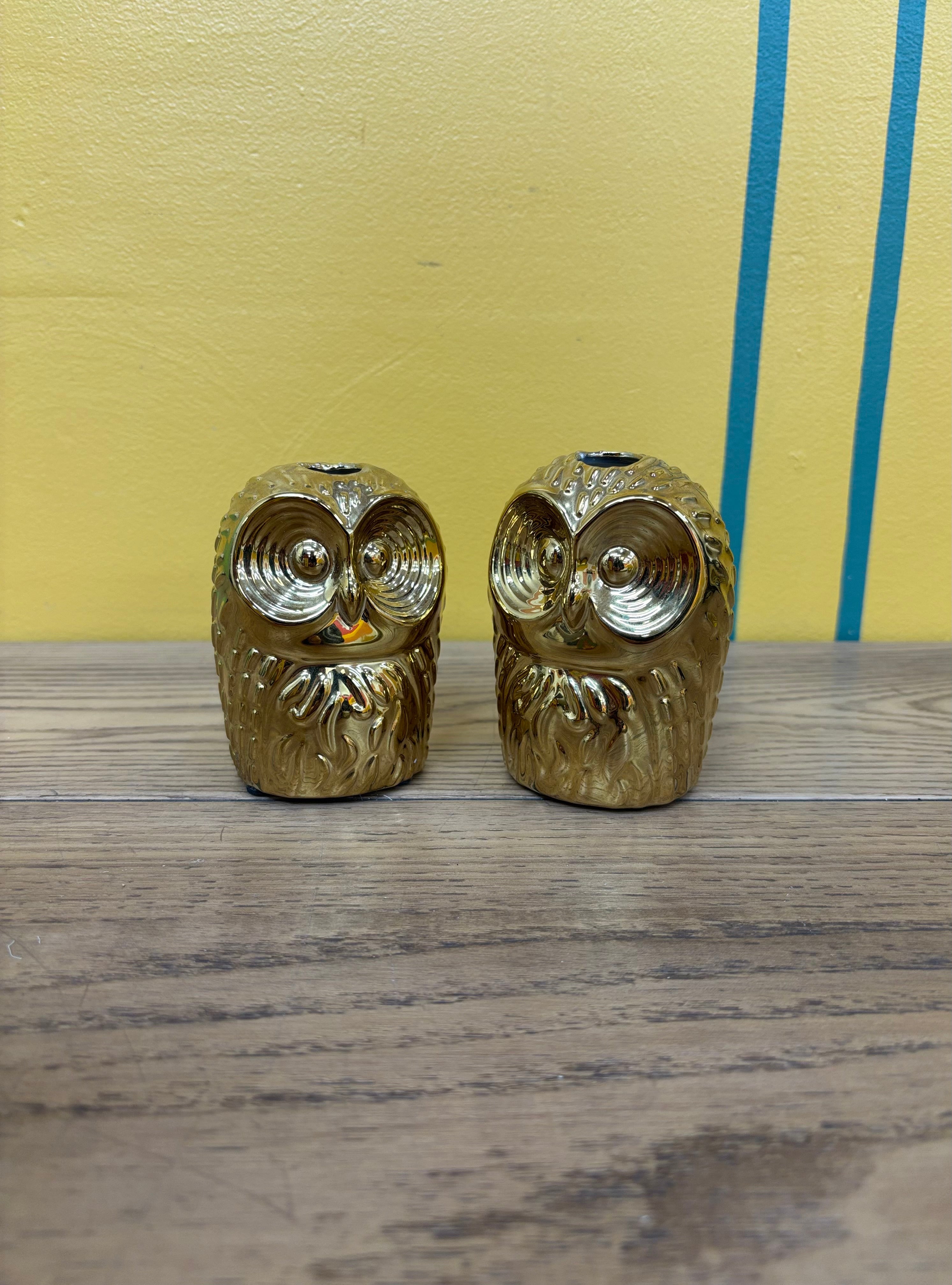 (2) Gold Ceramic Owl Candle Holders