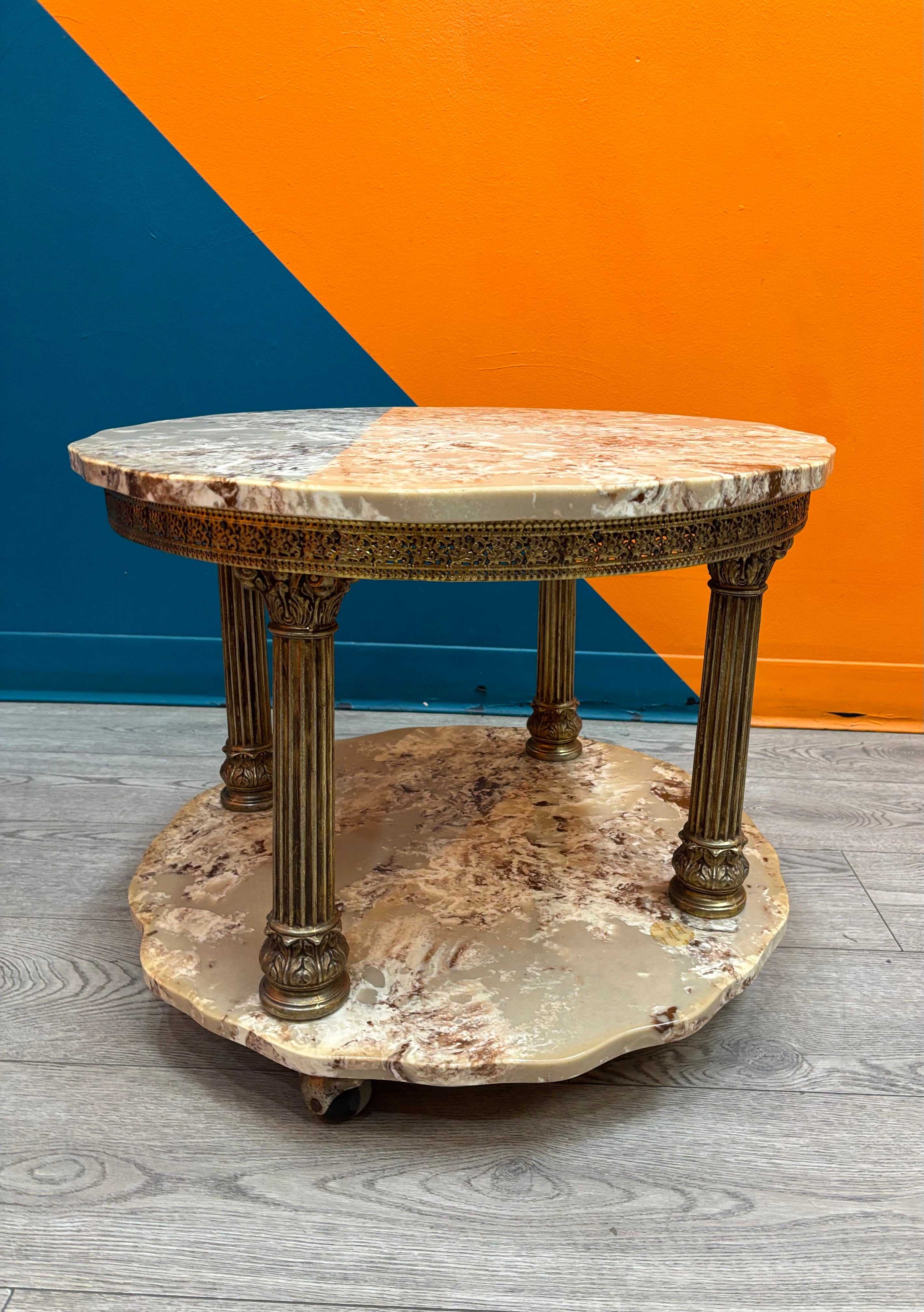 Brass and Marble Side Table on Wheels