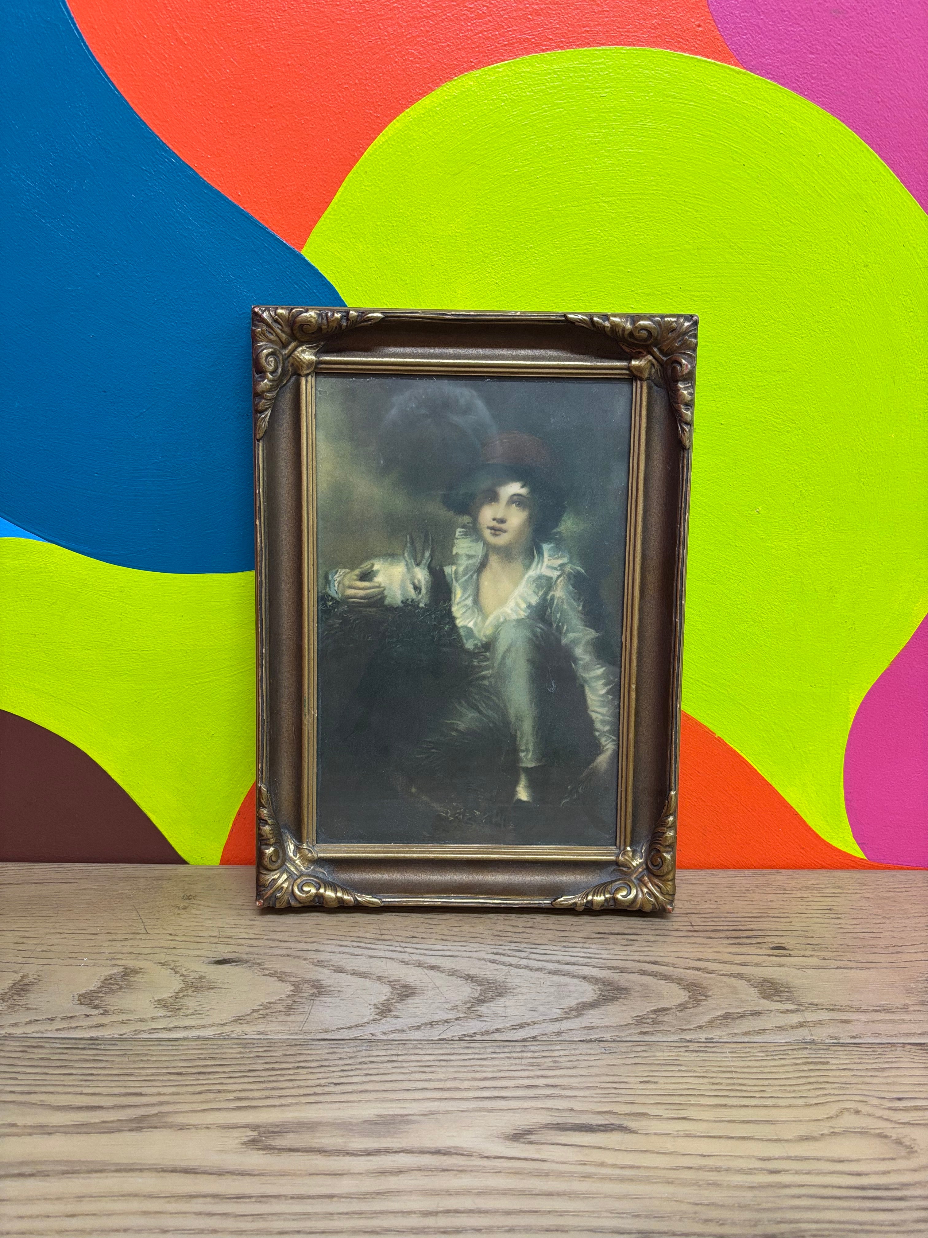 Gold Framed Print - Boy with Rabbit