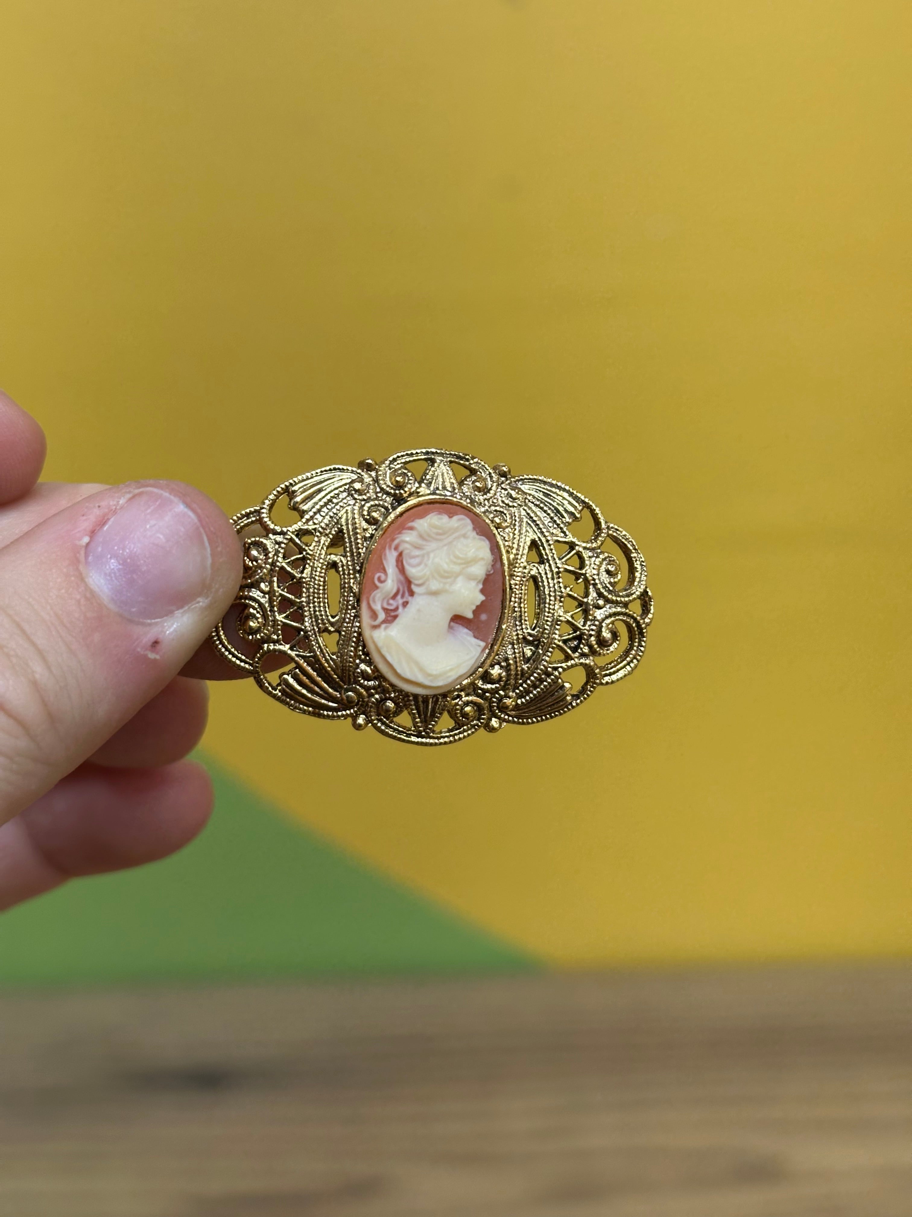 Gold Tone Cameo Earrings and Brooch Set