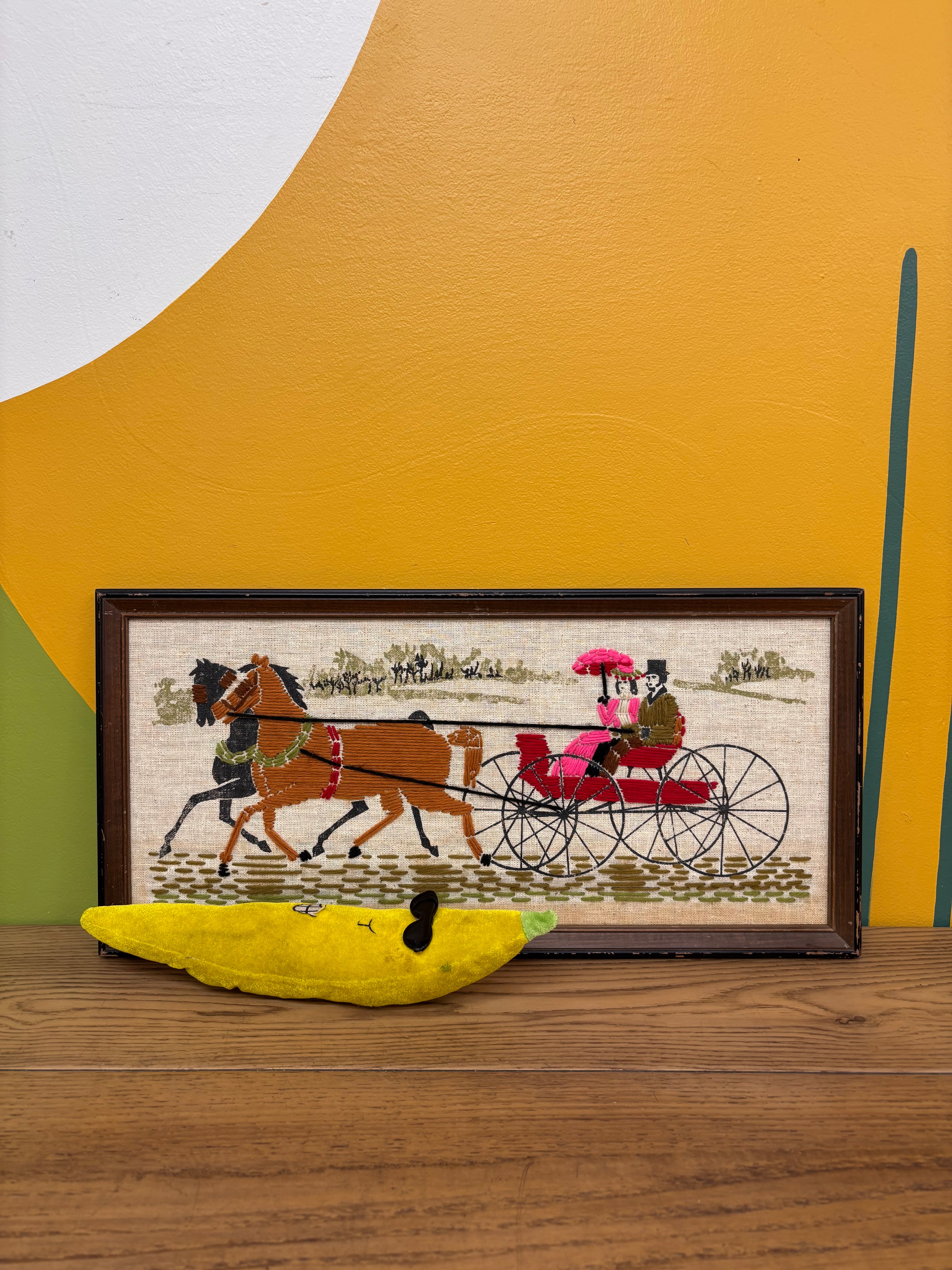 Framed Horse and Carriage Yarn Art