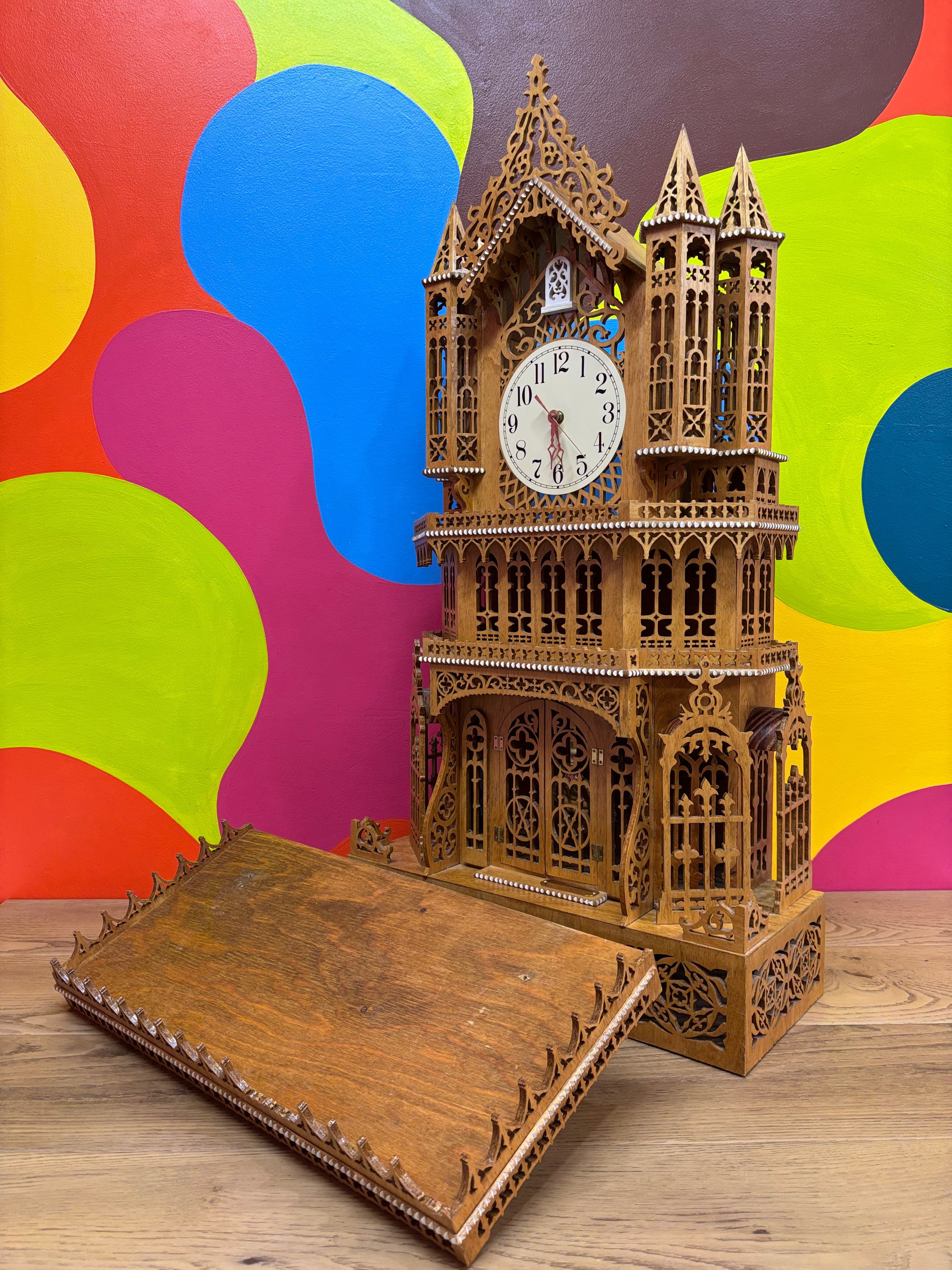 Roman Cathedral Style Wood Clock with Shelf