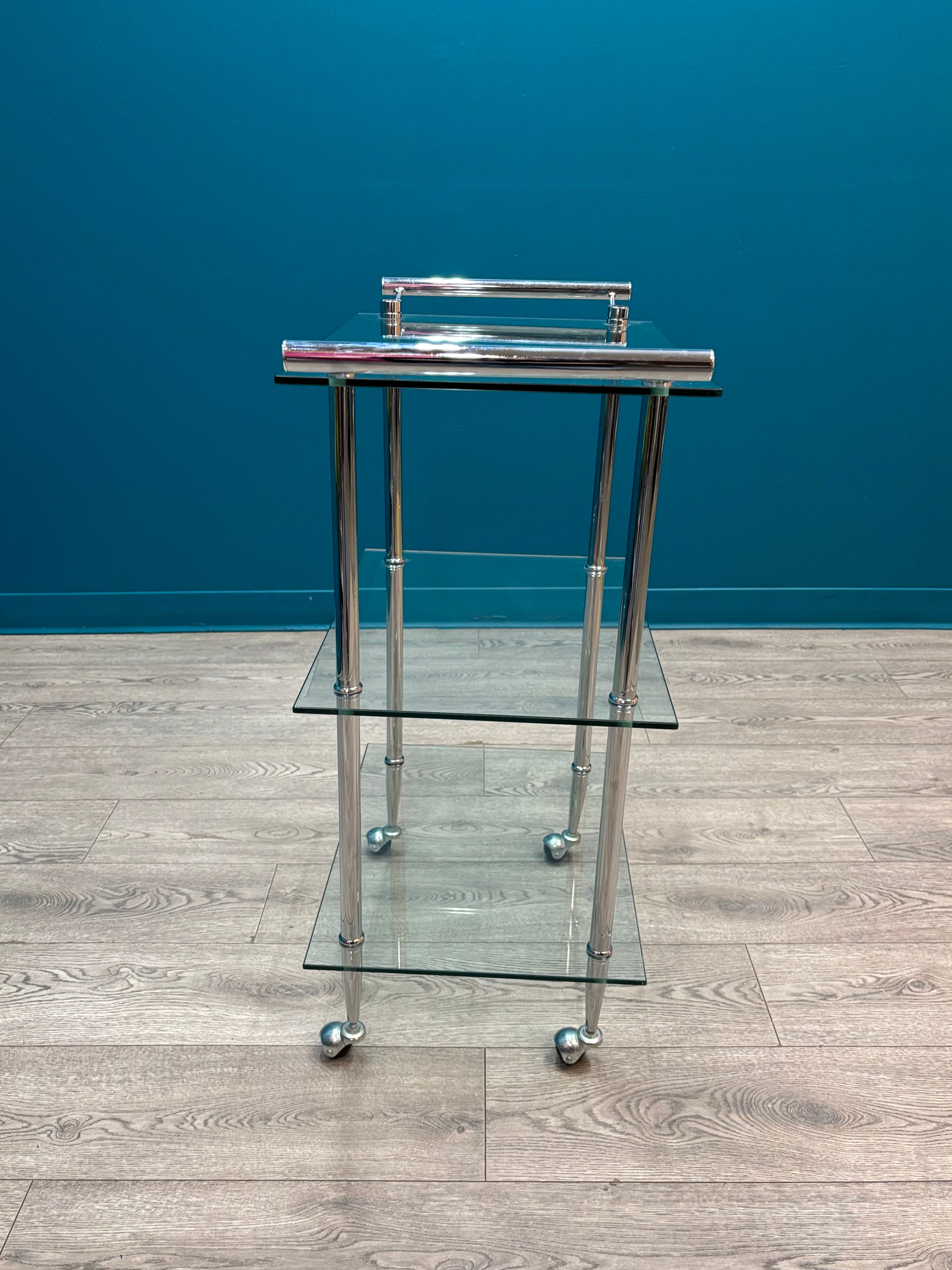 3 Tier Chrome & Glass Bar Cart on Wheels