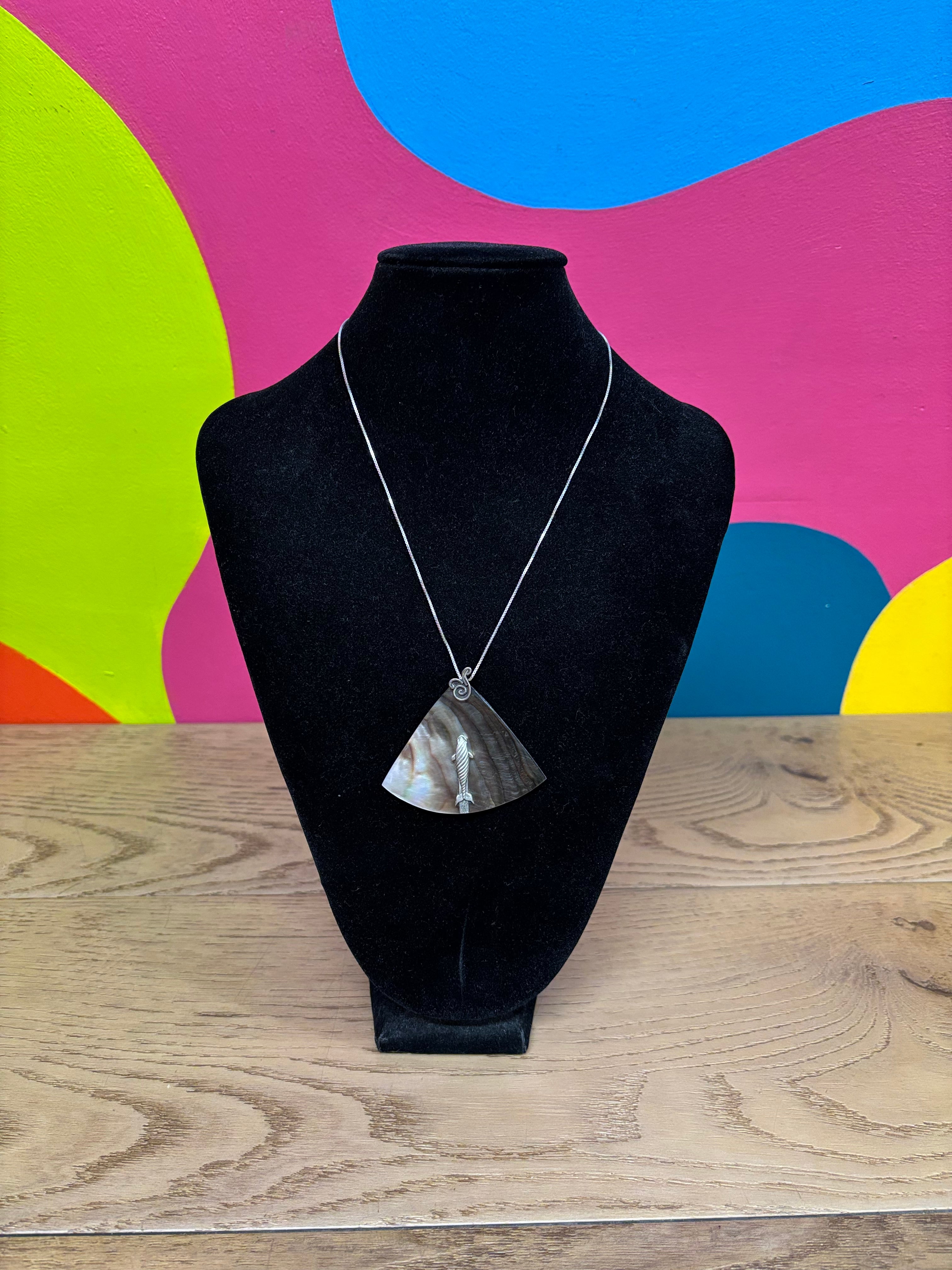 Silver Shell Pendant Necklace with Small Fish