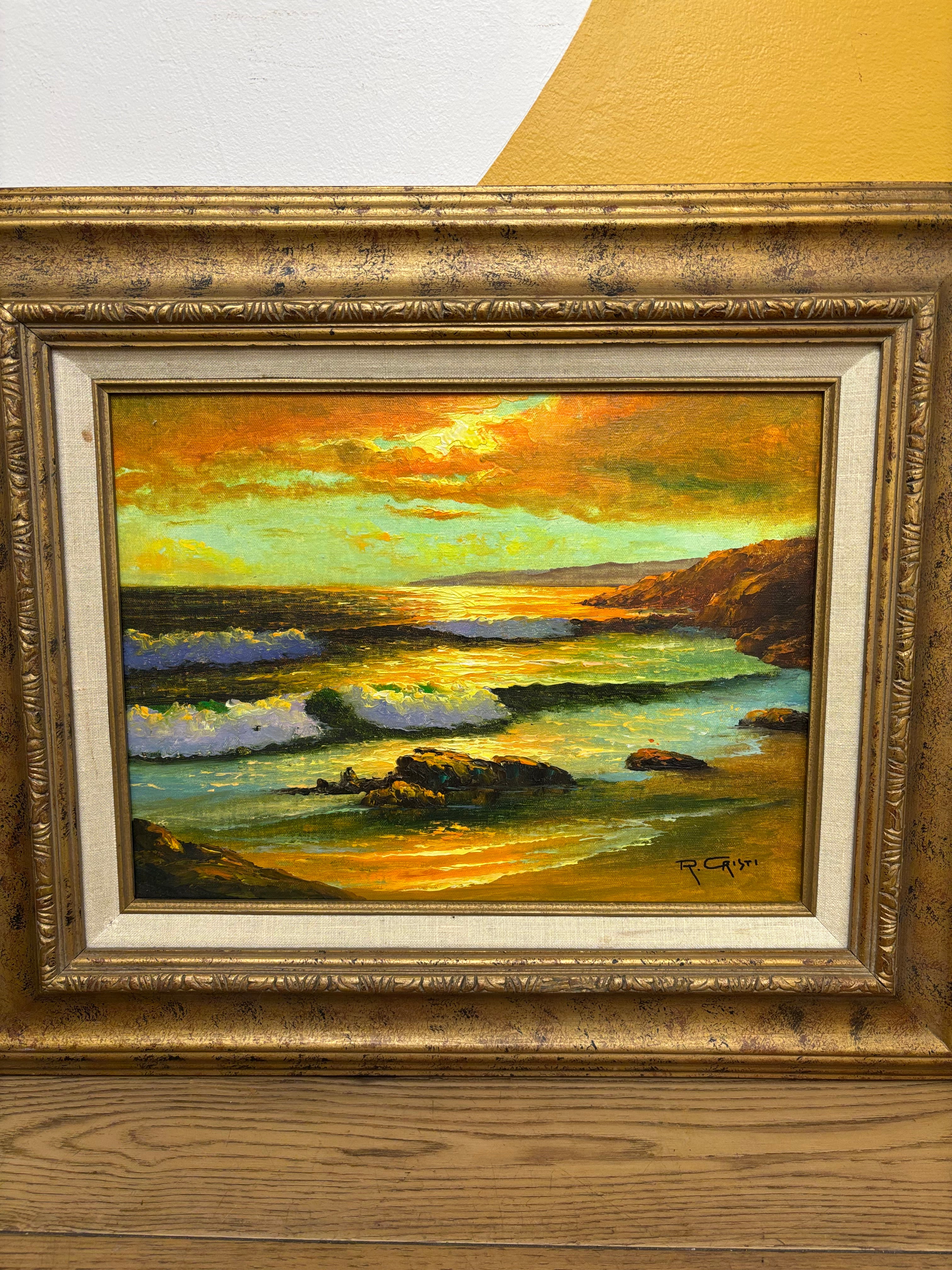 Framed Oil Painting “Sunset Beach” by R. Cristi.