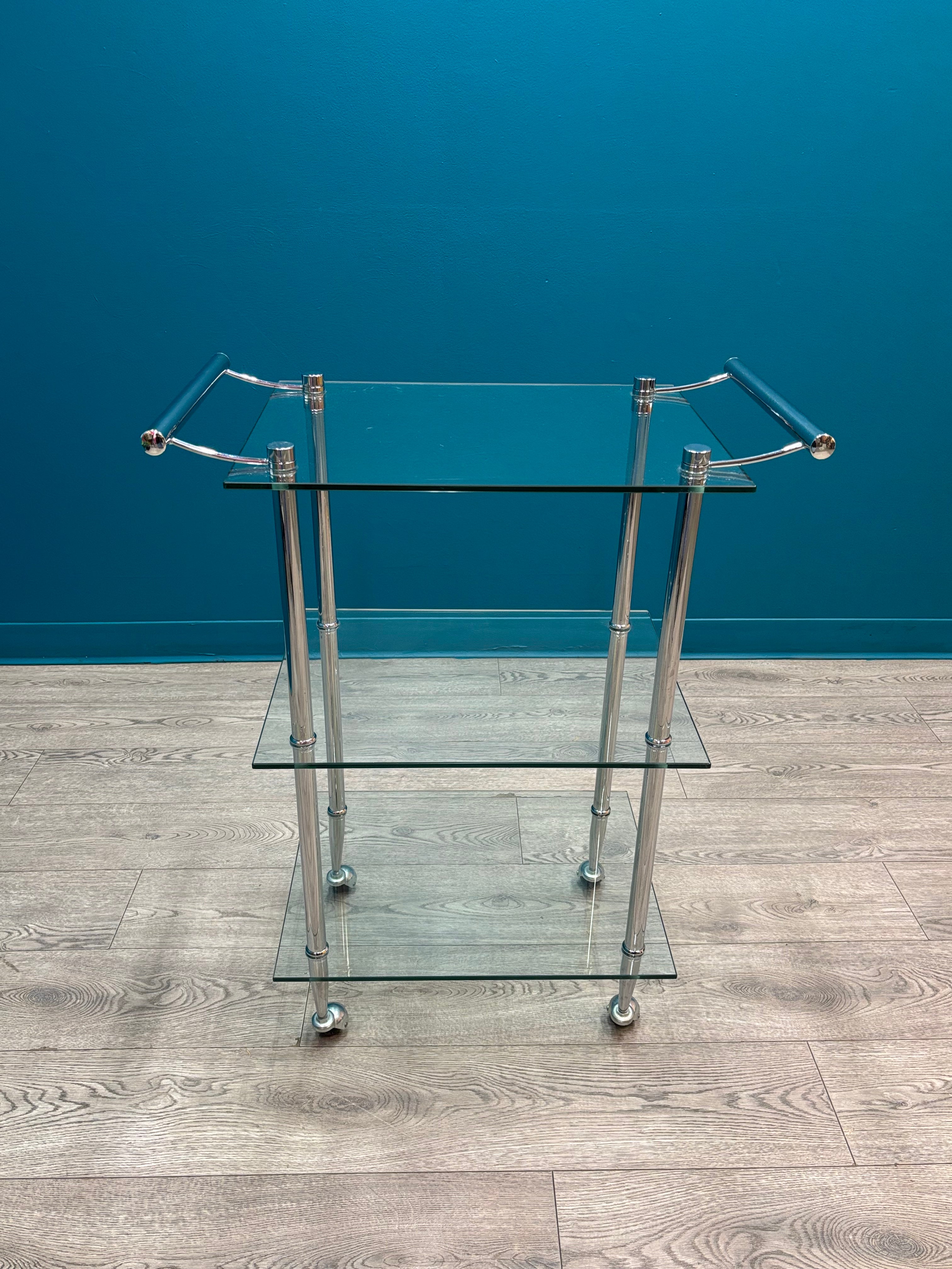 3 Tier Chrome & Glass Bar Cart on Wheels