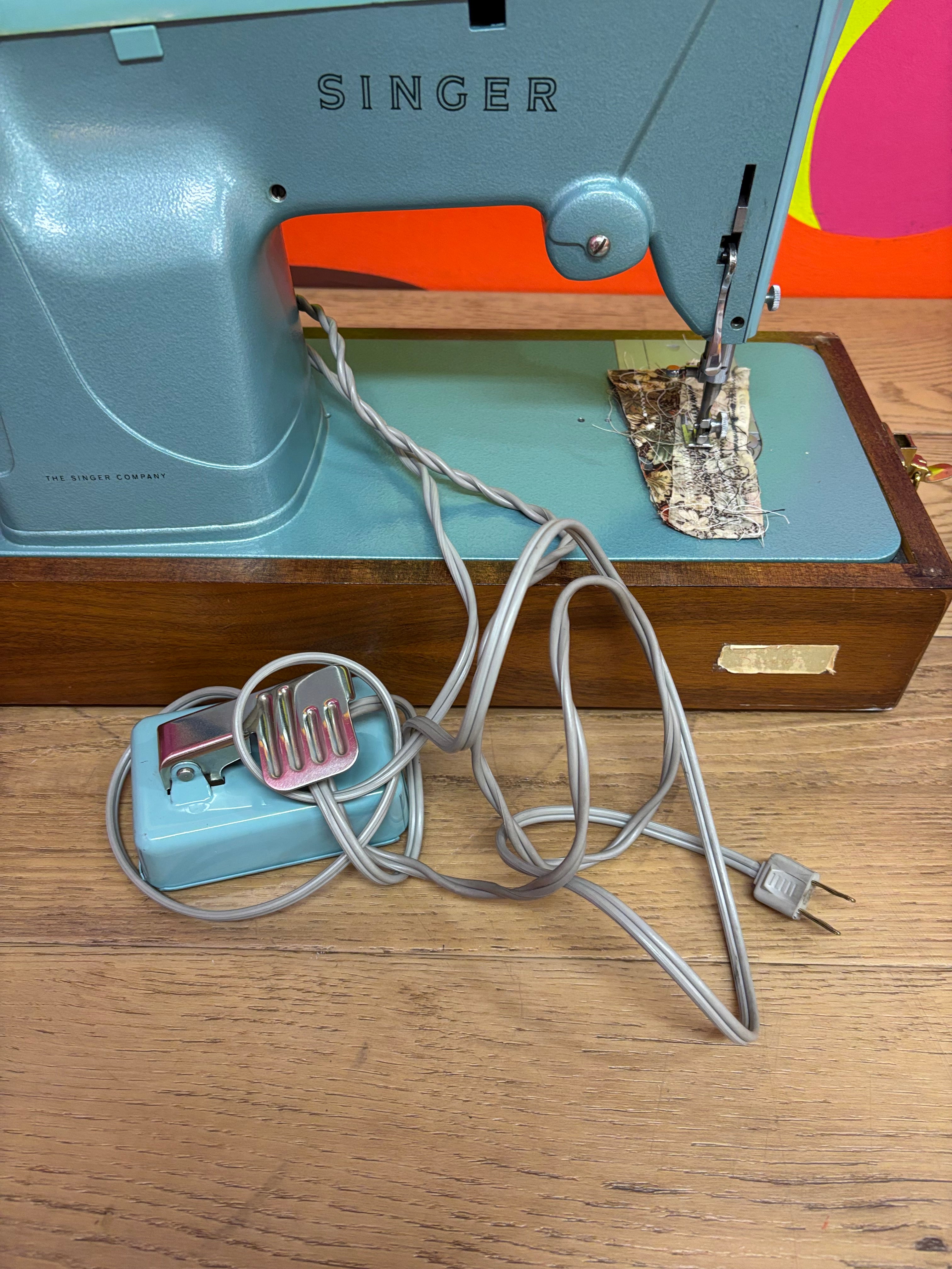 Teal Singer Sewing Machine in Carrying Case