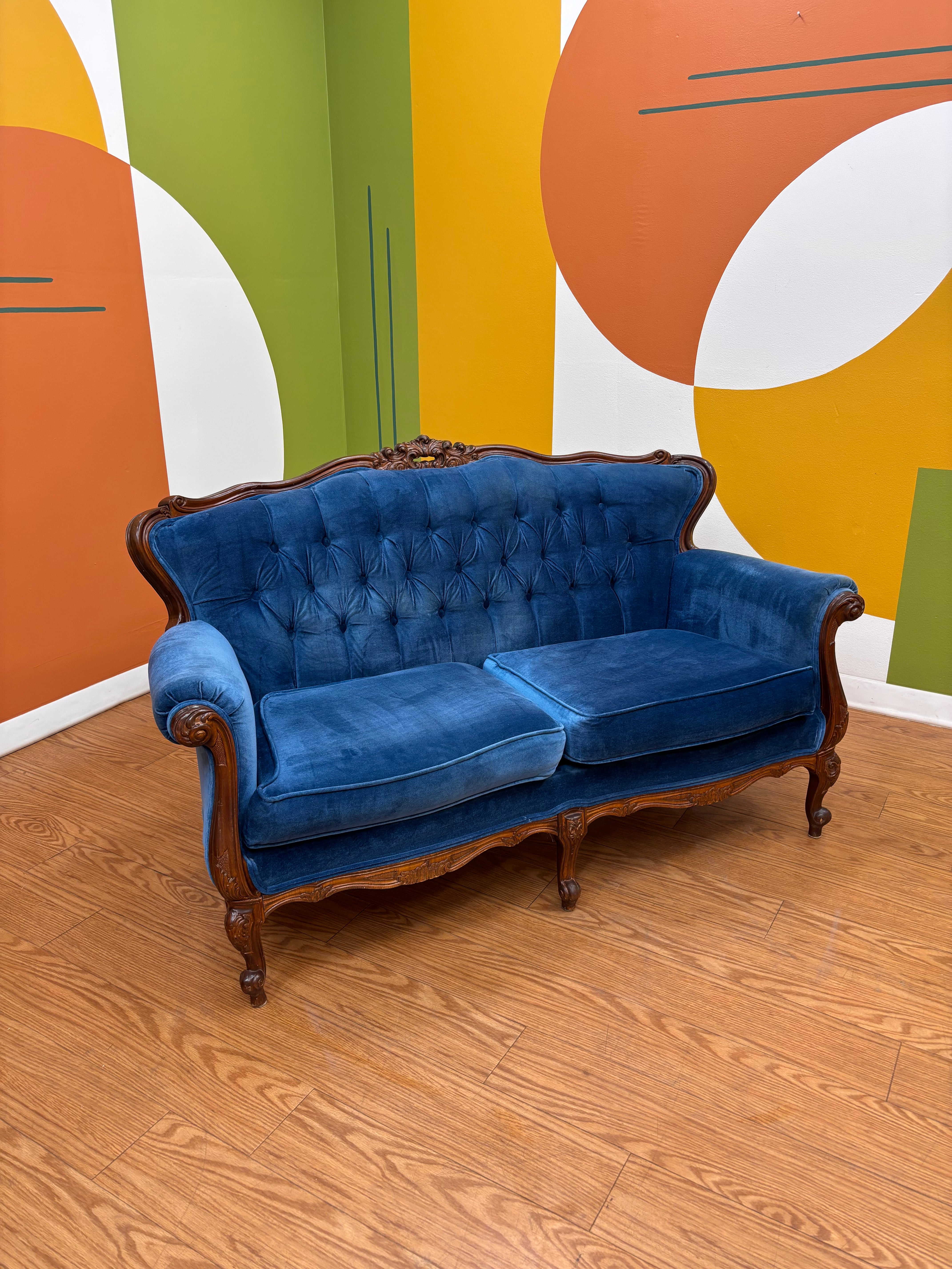 Blue Velvet Carved Wood Loveseat